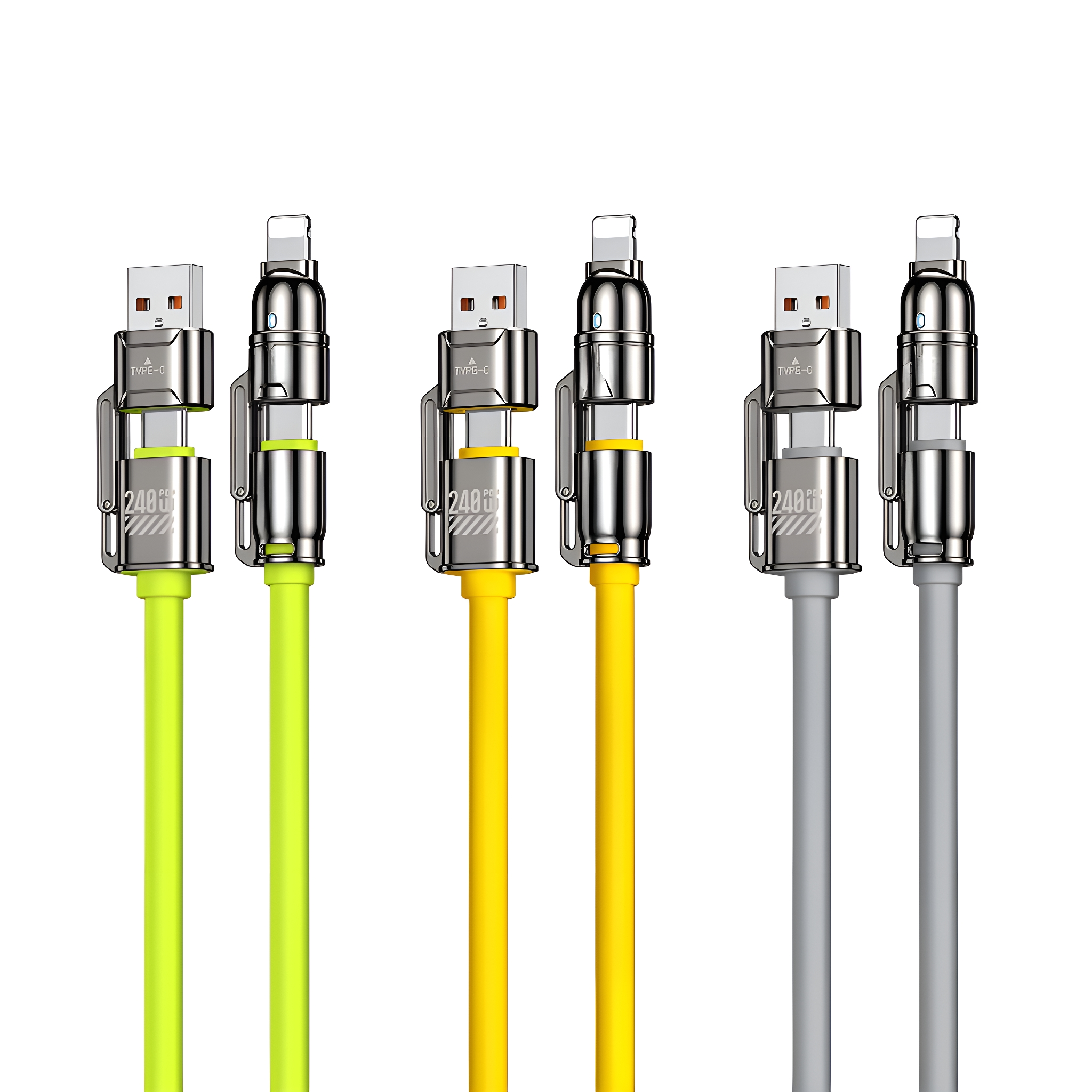 Mehrfarbige Ladekabel mit USB- und Lightning/Typ-C-Anschlüssen.
