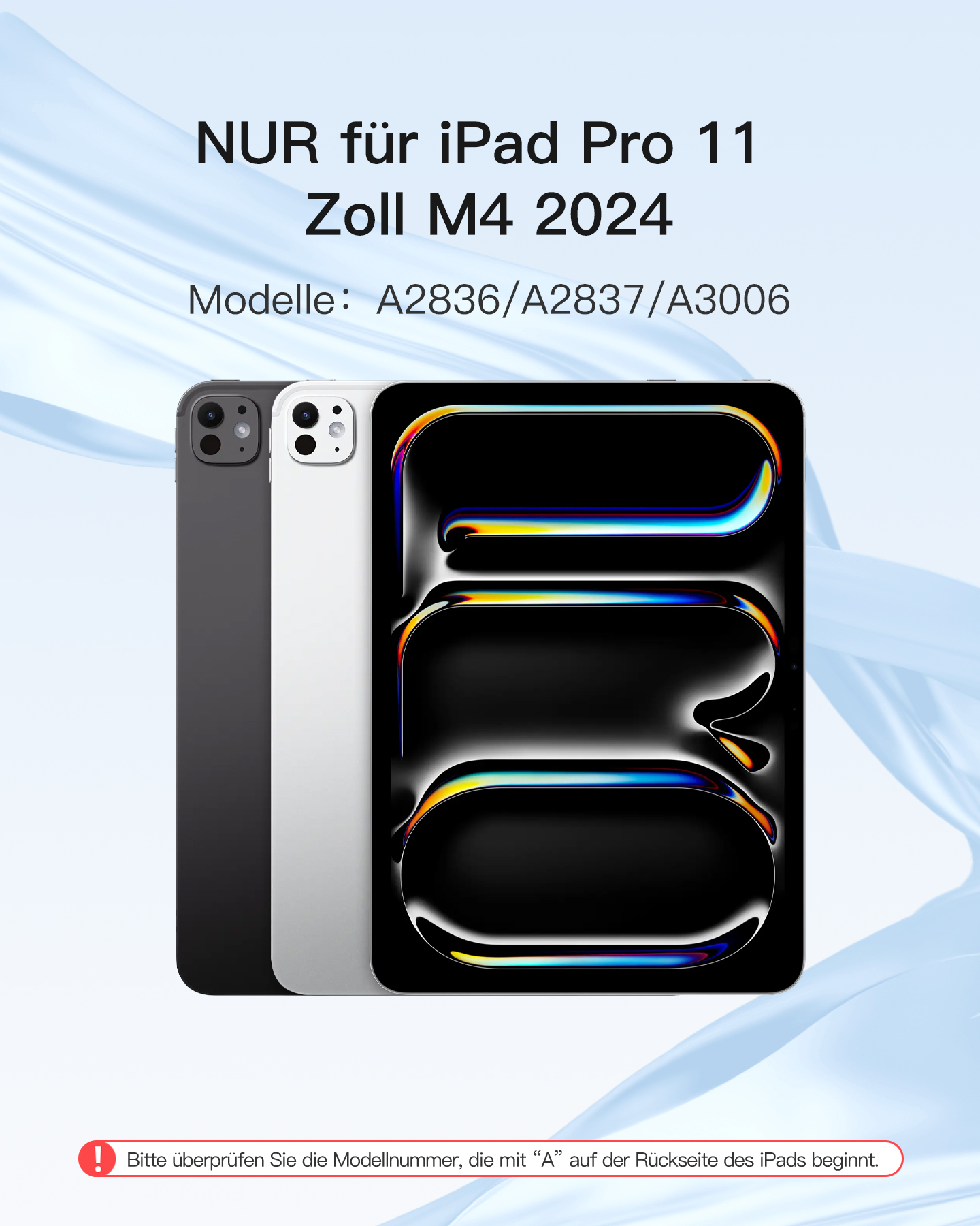 Tre modelli di iPad con testo, inclusi i numeri di modello, su uno sfondo sfumato blu chiaro.