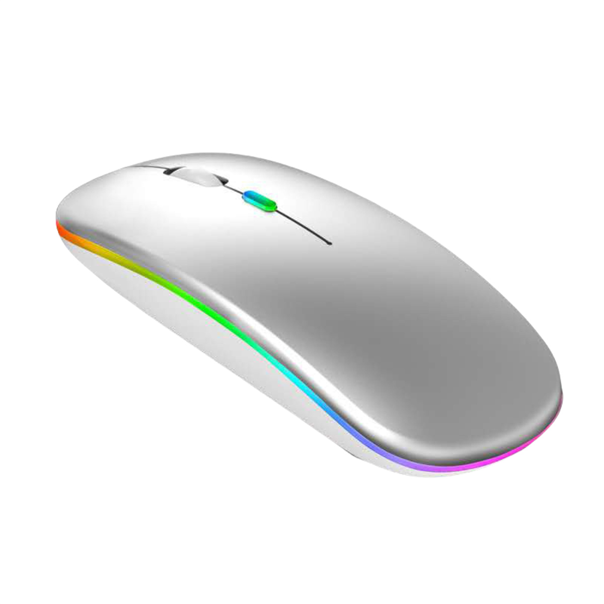 Eine silberne Maus mit einem mehrfarbigen Lichtband an der Unterkante.