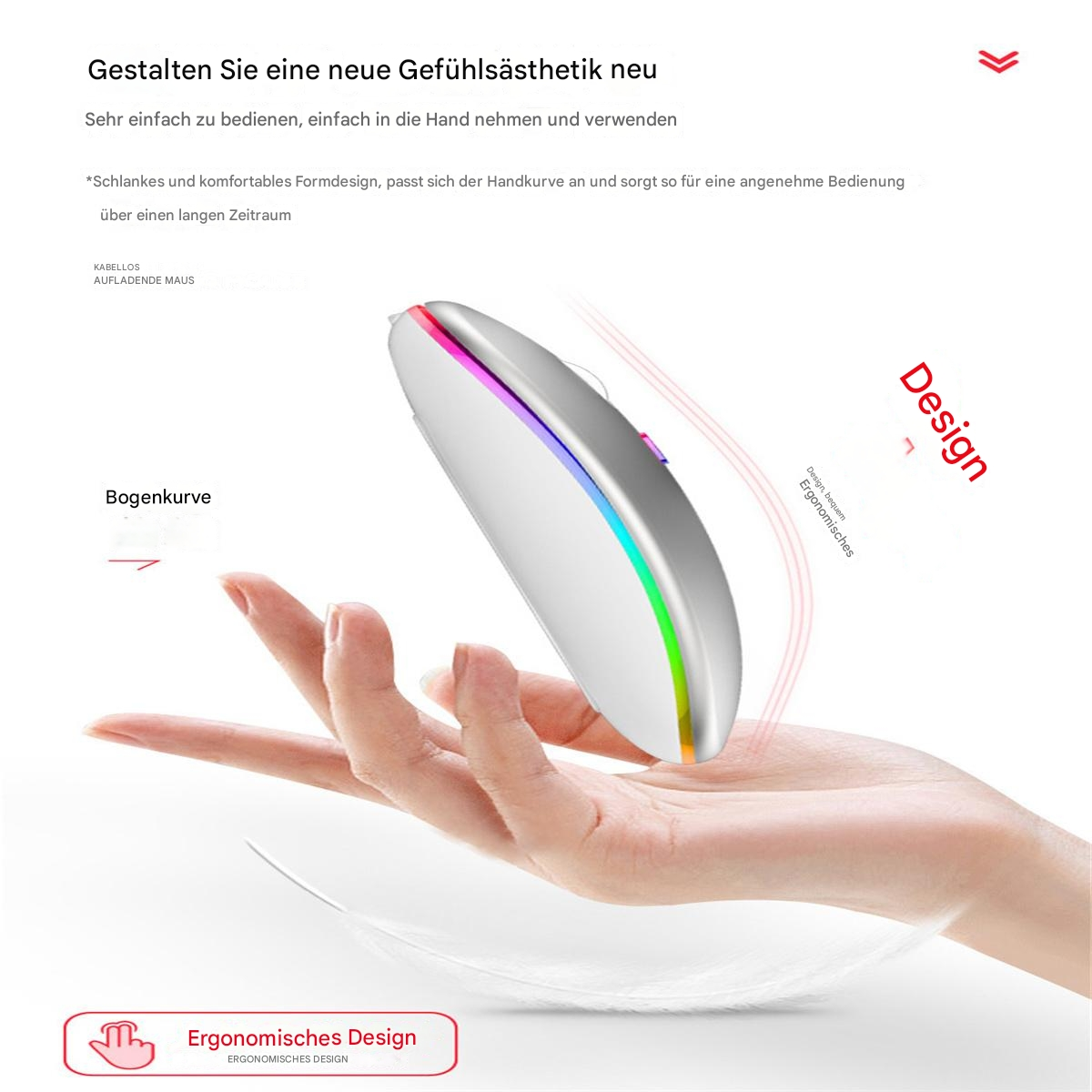 Weiße kabellose Maus in einer Hand gehalten. Sie hat ein geschwungenes Design und regenbogenfarbene Kanten.