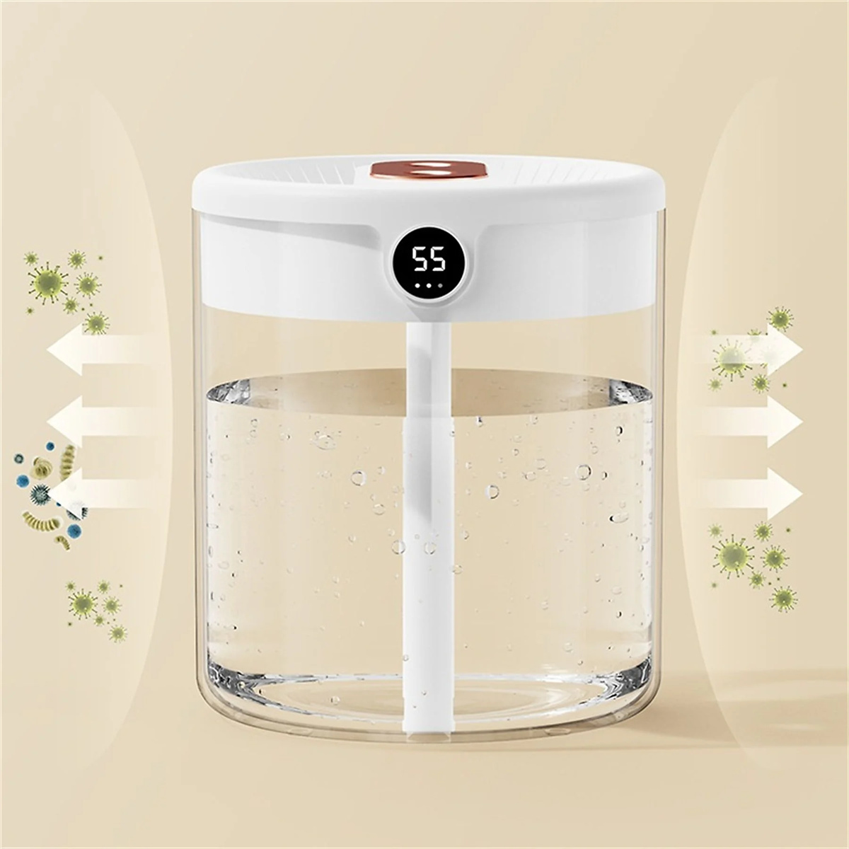 Ein weißer und transparenter Luftbefeuchter mit Wassertank zeigt den Wasserstand.