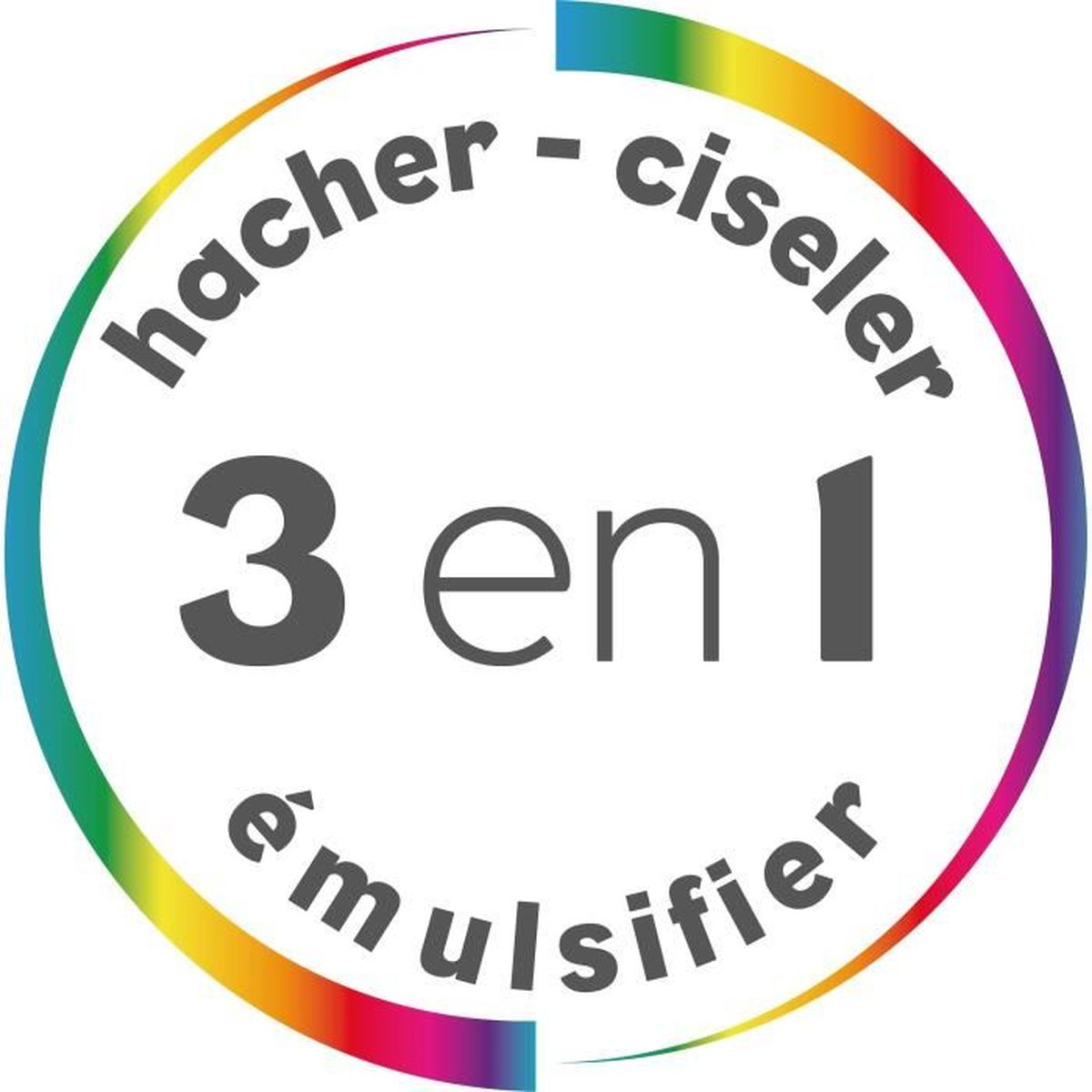 Bunter Kreis mit Text '3 en 1' und umgebenden Wörtern.