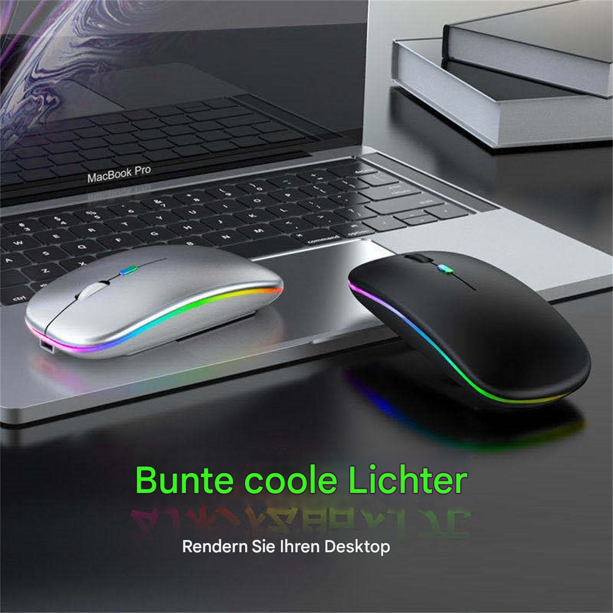Zwei kabellose Computermäuse mit Regenbogen-Kantenbeleuchtung, eine silberne und eine schwarze, auf einem Laptop.