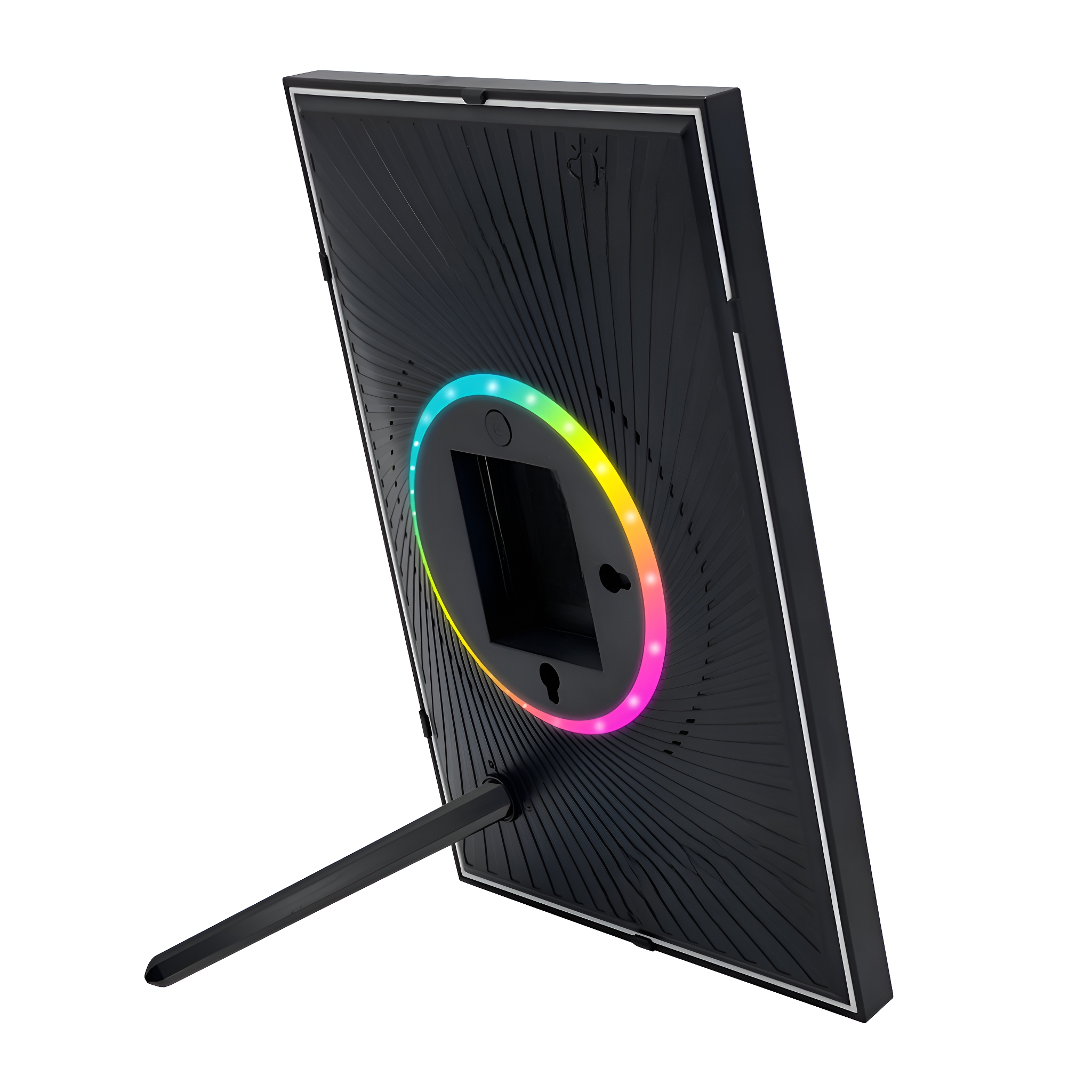 Schwarzer Rahmen mit farbigem LED-Ring, stehend auf einem Ständer. Der Rahmen ist abgewinkelt.