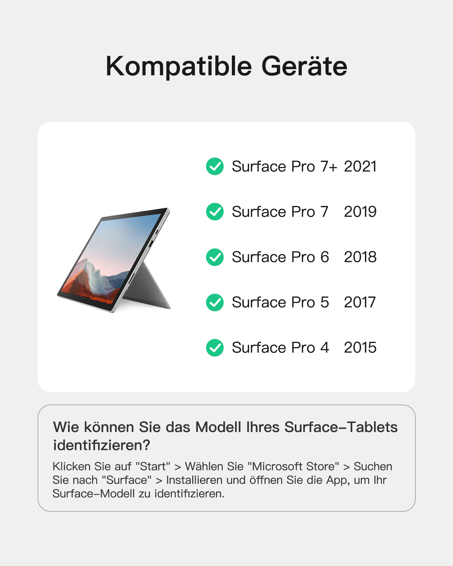Uno sfondo bianco con il testo 'Dispositivi compatibili' e un elenco dei modelli Surface Pro supportati.