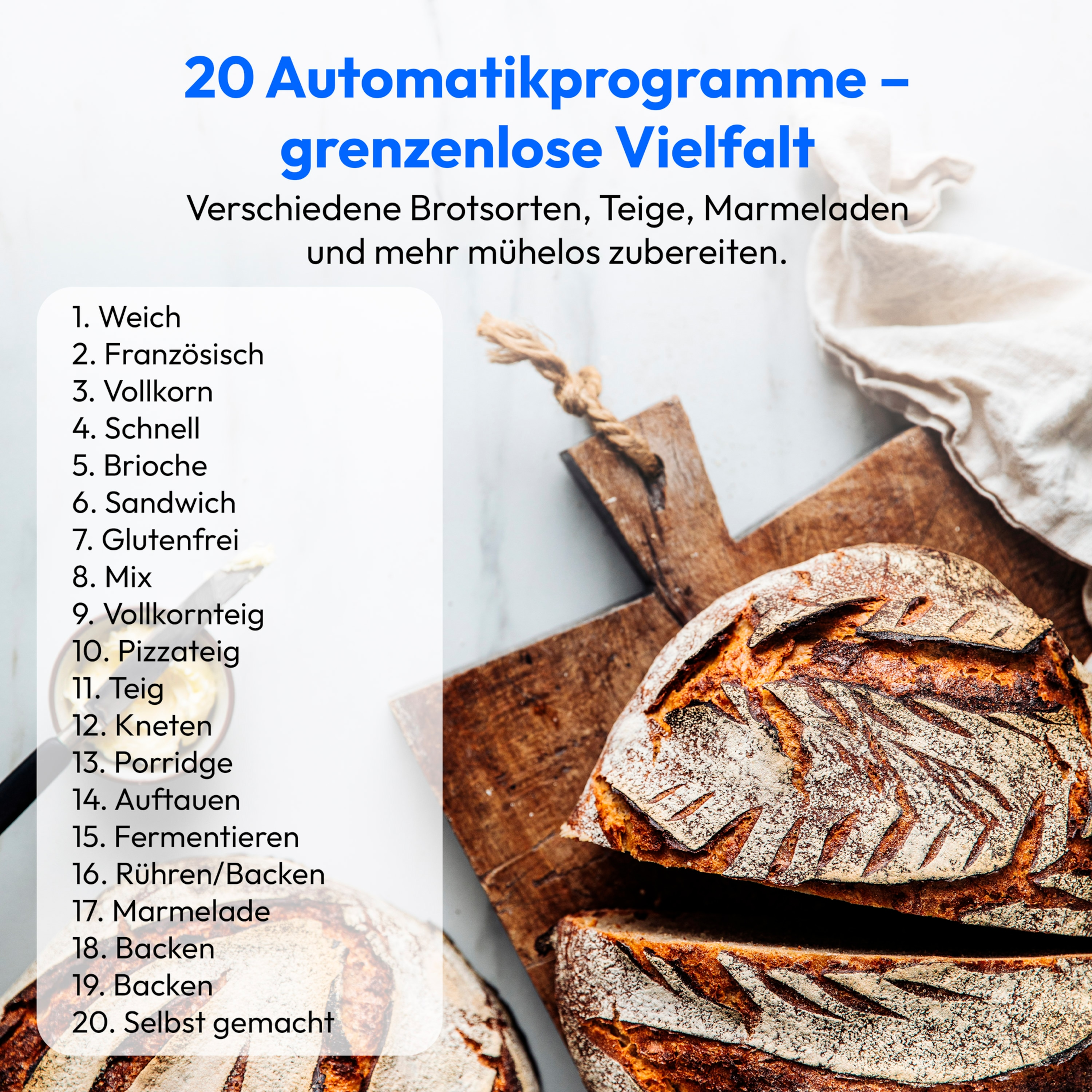 Brotlaib auf einem Holzbrett mit einer Liste von 20 Brotbackprogrammen.