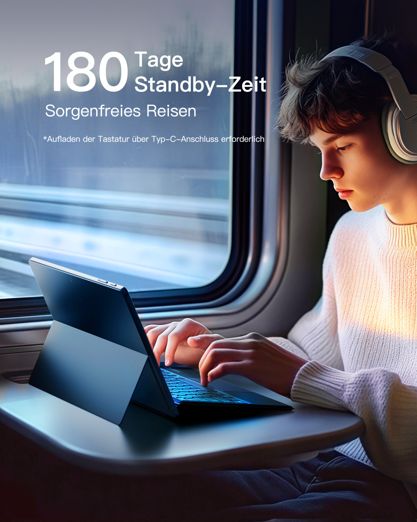Uomo in treno che utilizza un tablet con tastiera. Testo: '180 Tage Standby-Zeit' e 'Sorgrenfreies Reisen'.