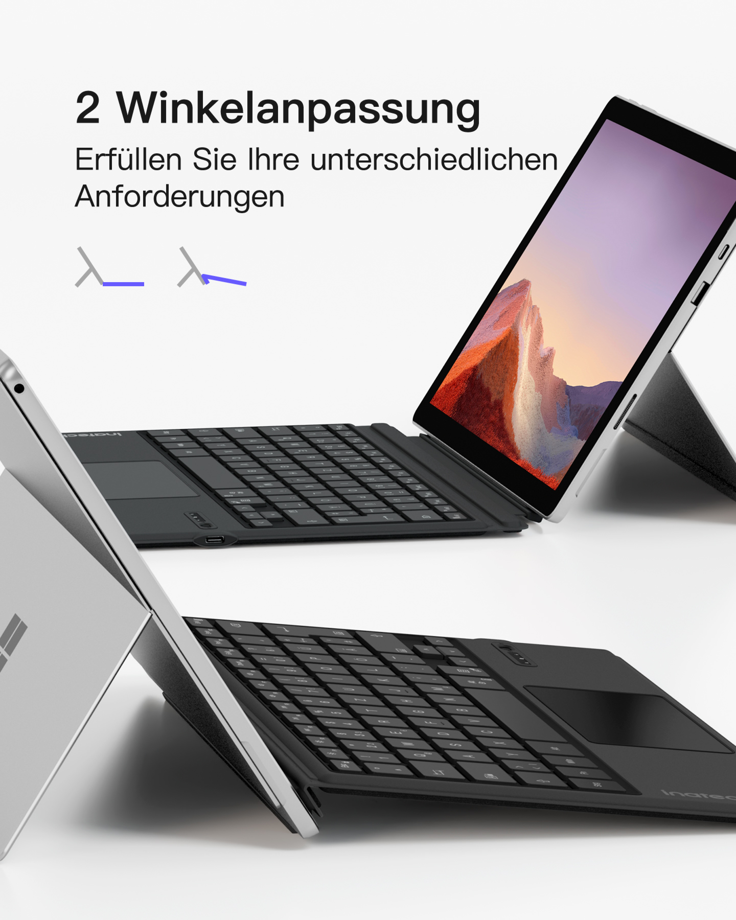 Due laptop con tastiere. Testo in tedesco. I laptop sono su sfondo bianco.