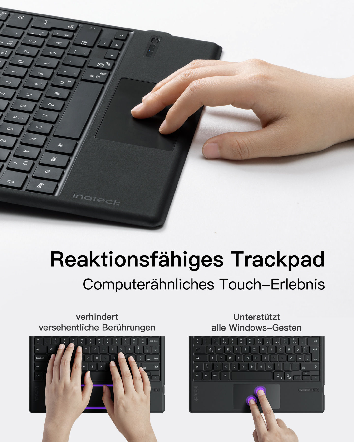 Tastiera con touchpad. Mani che usano la tastiera e il touchpad. Sfondo bianco.