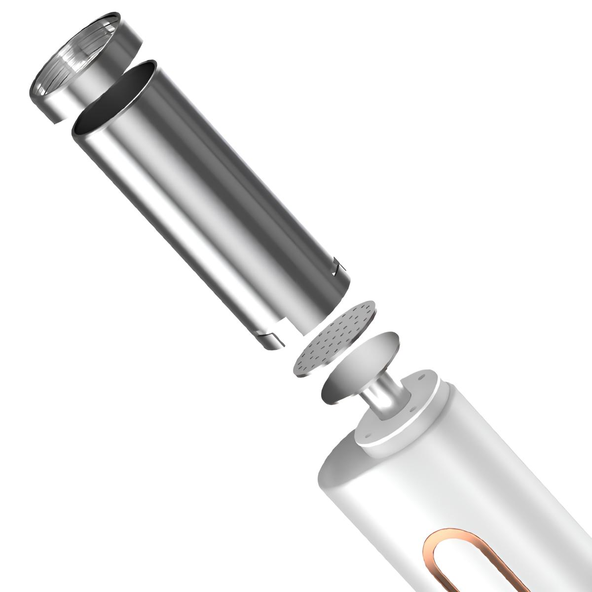 Zerlegtes Gerät mit Metallteilen. Basis, Lochplatte und zylindrische Teile werden gezeigt.