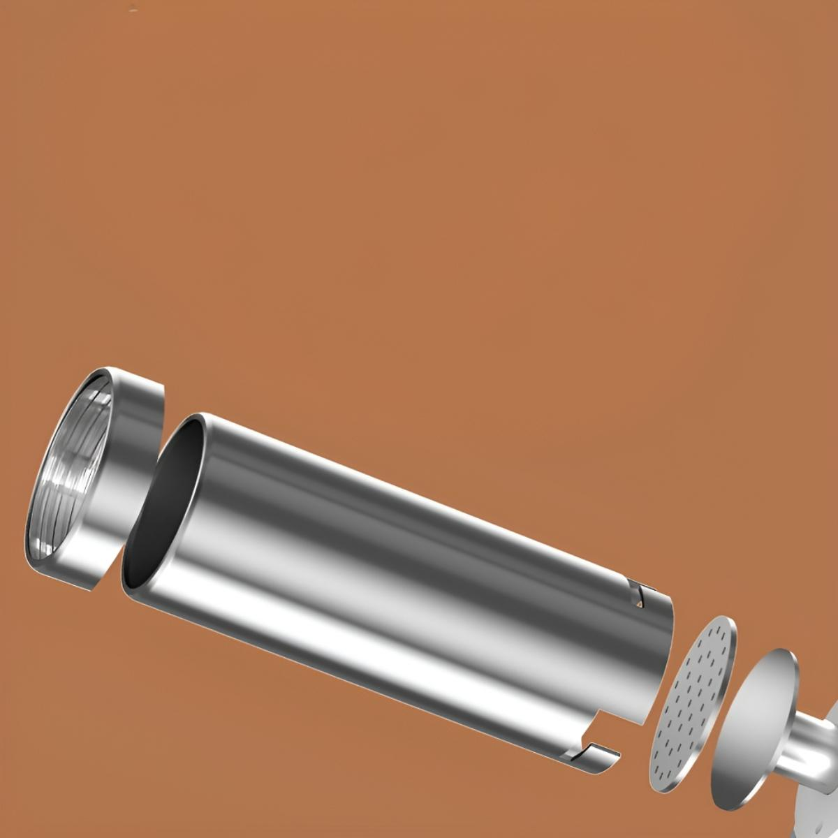 Zerlegtes Metallgerät, das Teile vor braunem Hintergrund zeigt. Enthält einen Zylinder und Platten.