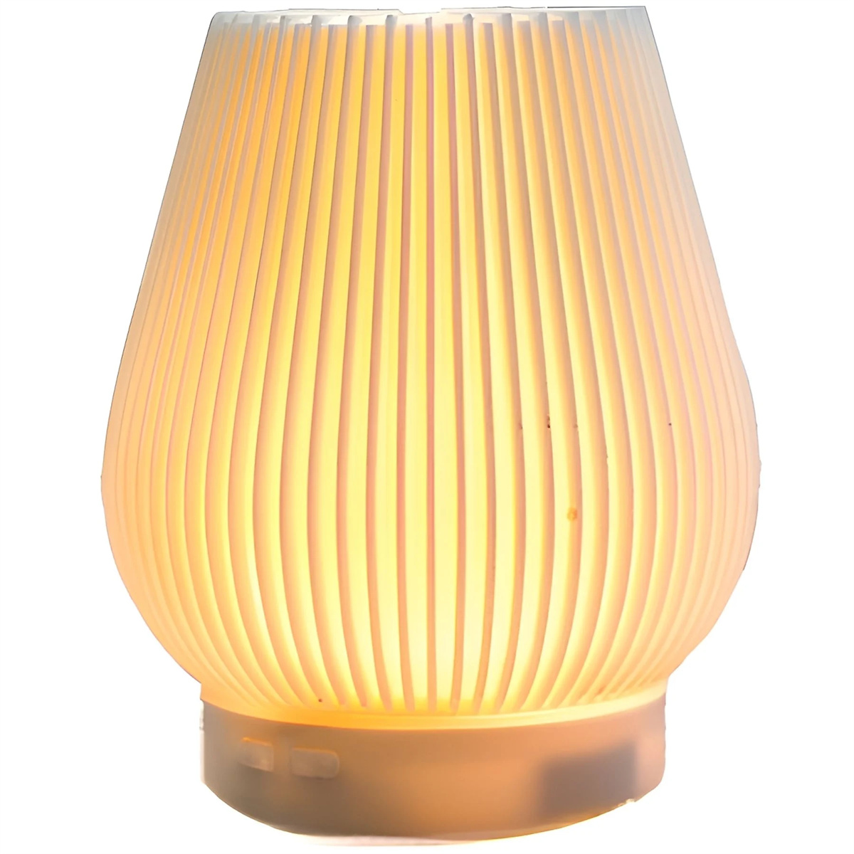 Weiß, gerippte, beleuchtete Lampe mit rundem Sockel.