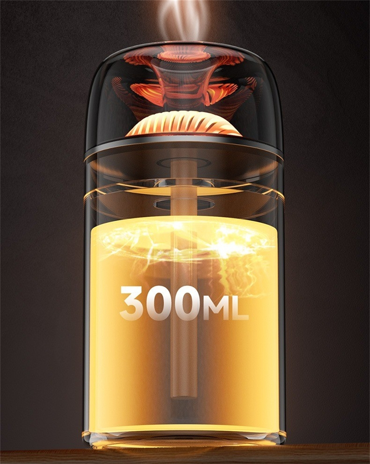 Luftbefeuchter zeigt 300 ml Fassungsvermögen, mit Licht und Nebel.