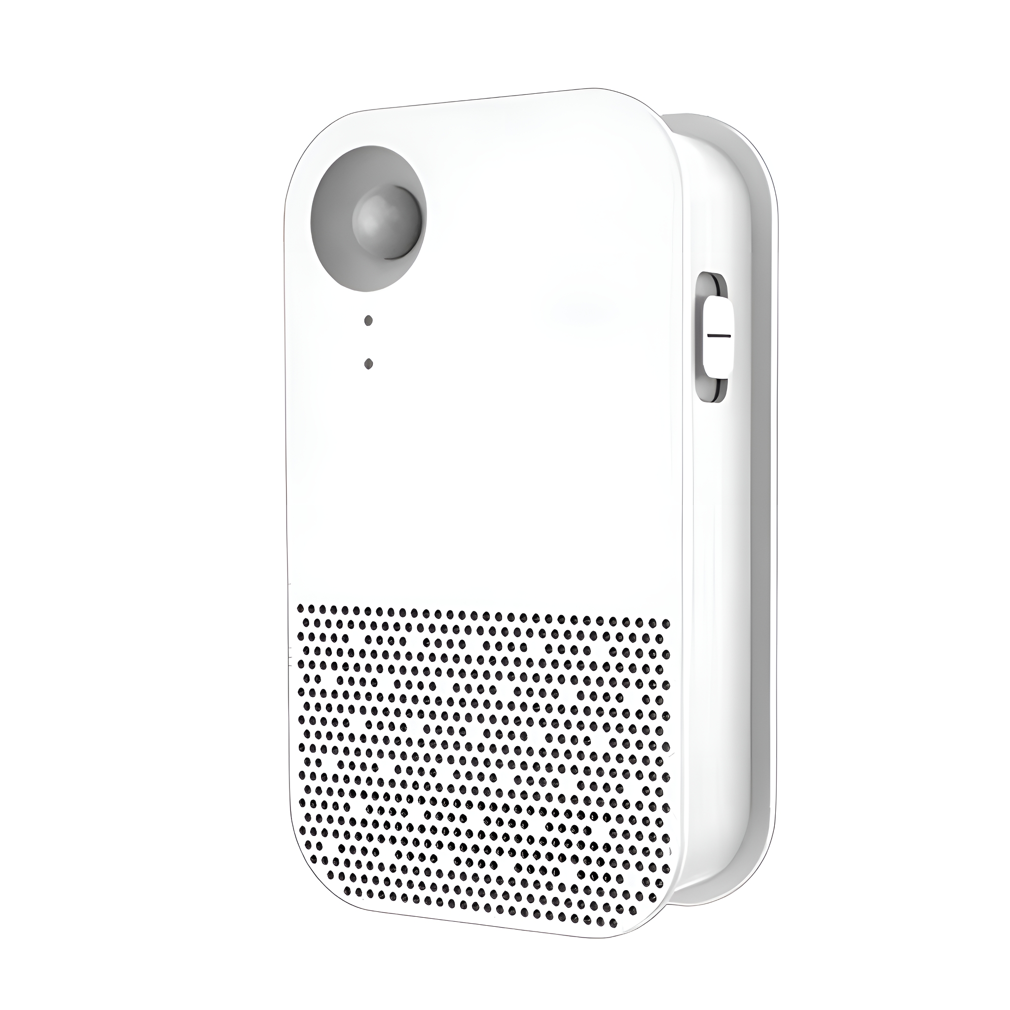 Ein weißes Gerät mit einem Lautsprechergitter und einem Sensor oben.