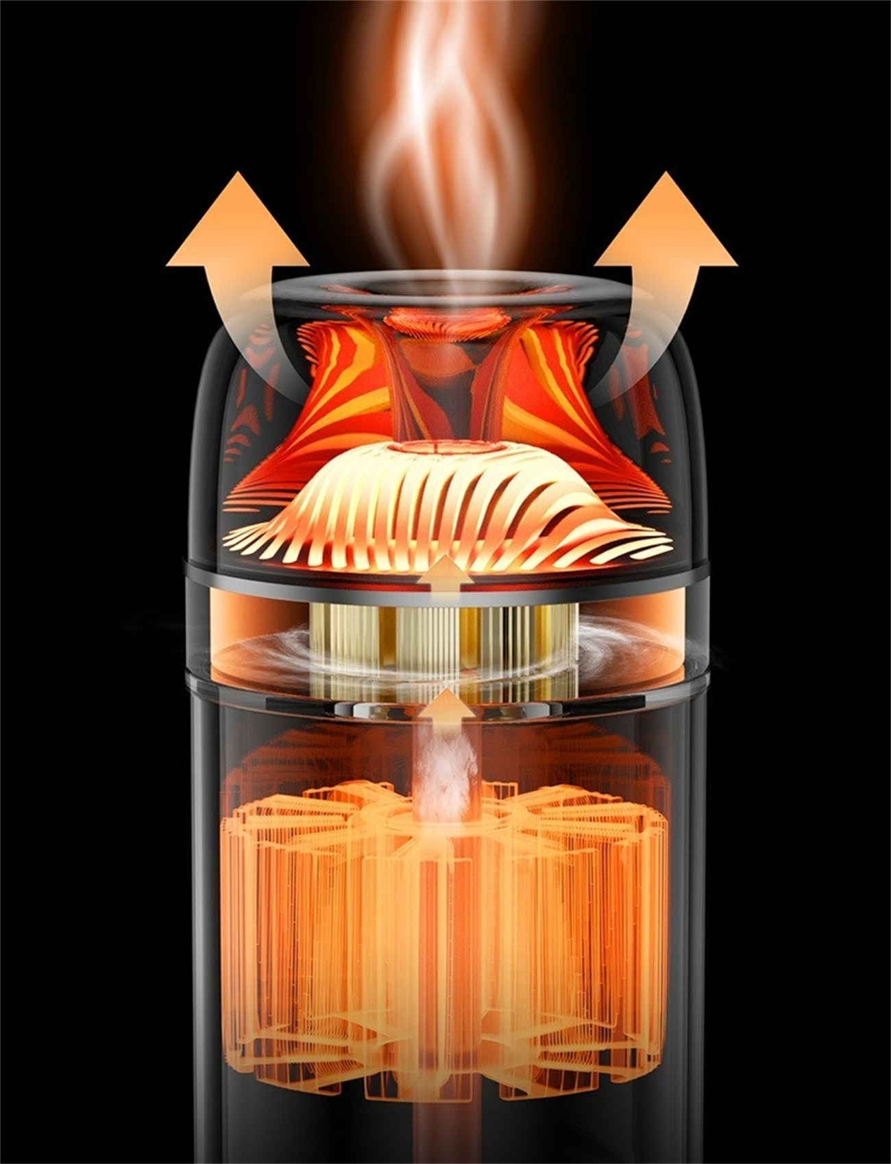 Schnittansicht eines Vape-Geräts mit Innenkomponenten, orangefarbenen Pfeilen und Flammen.