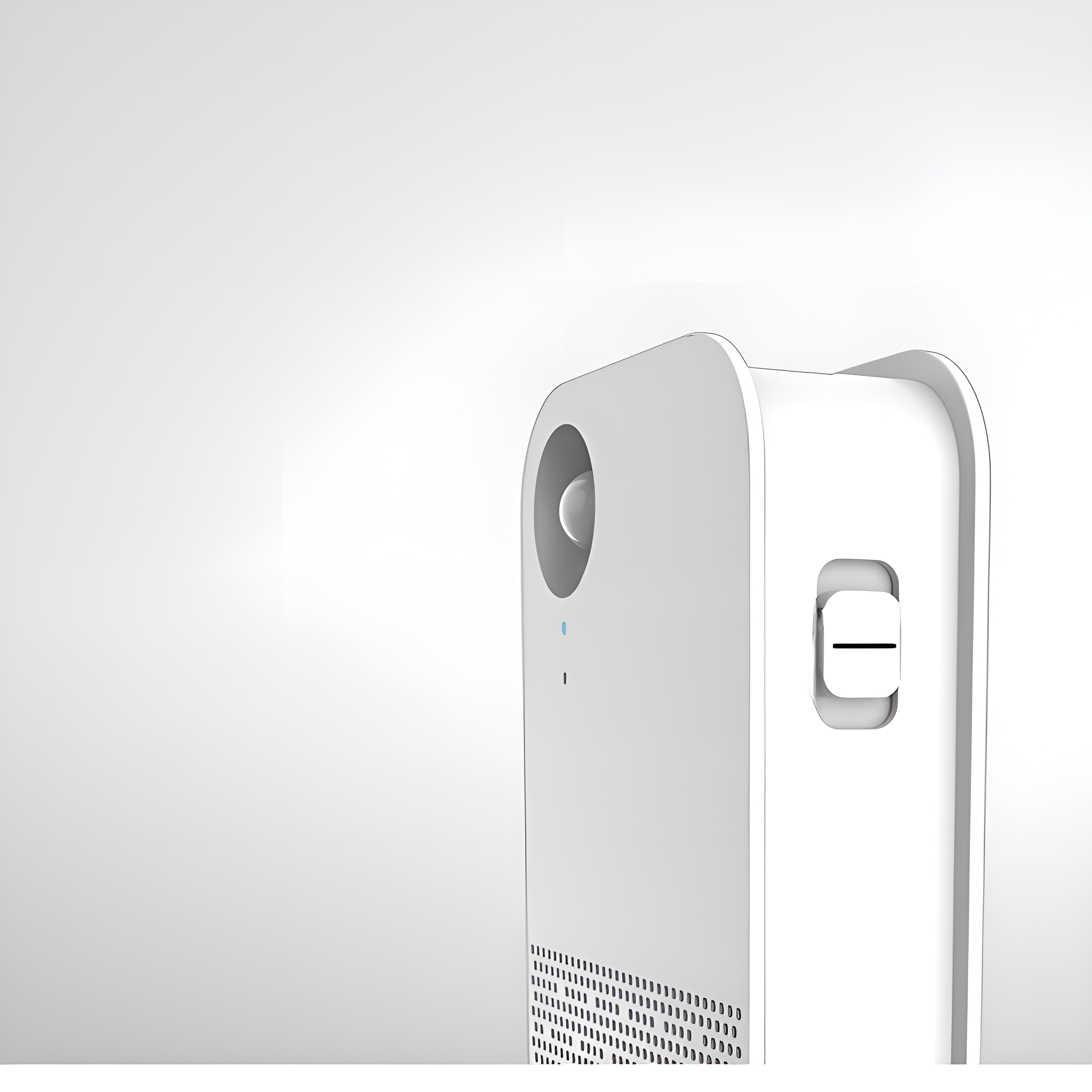 Ein weißer Luftreiniger mit runder Front und blauem Licht. Das Design ist modern.