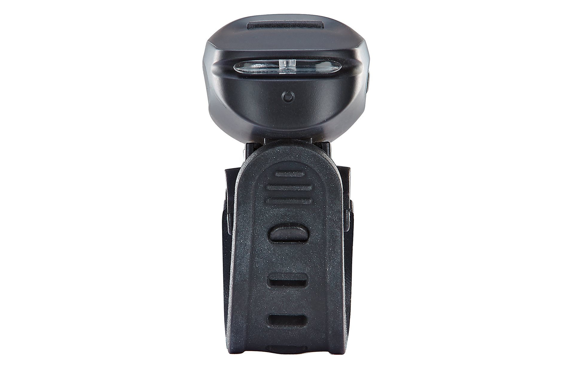 Eine schwarze LED-Stirnlampe. Die Stirnlampe hat einen Clip auf der Rückseite.