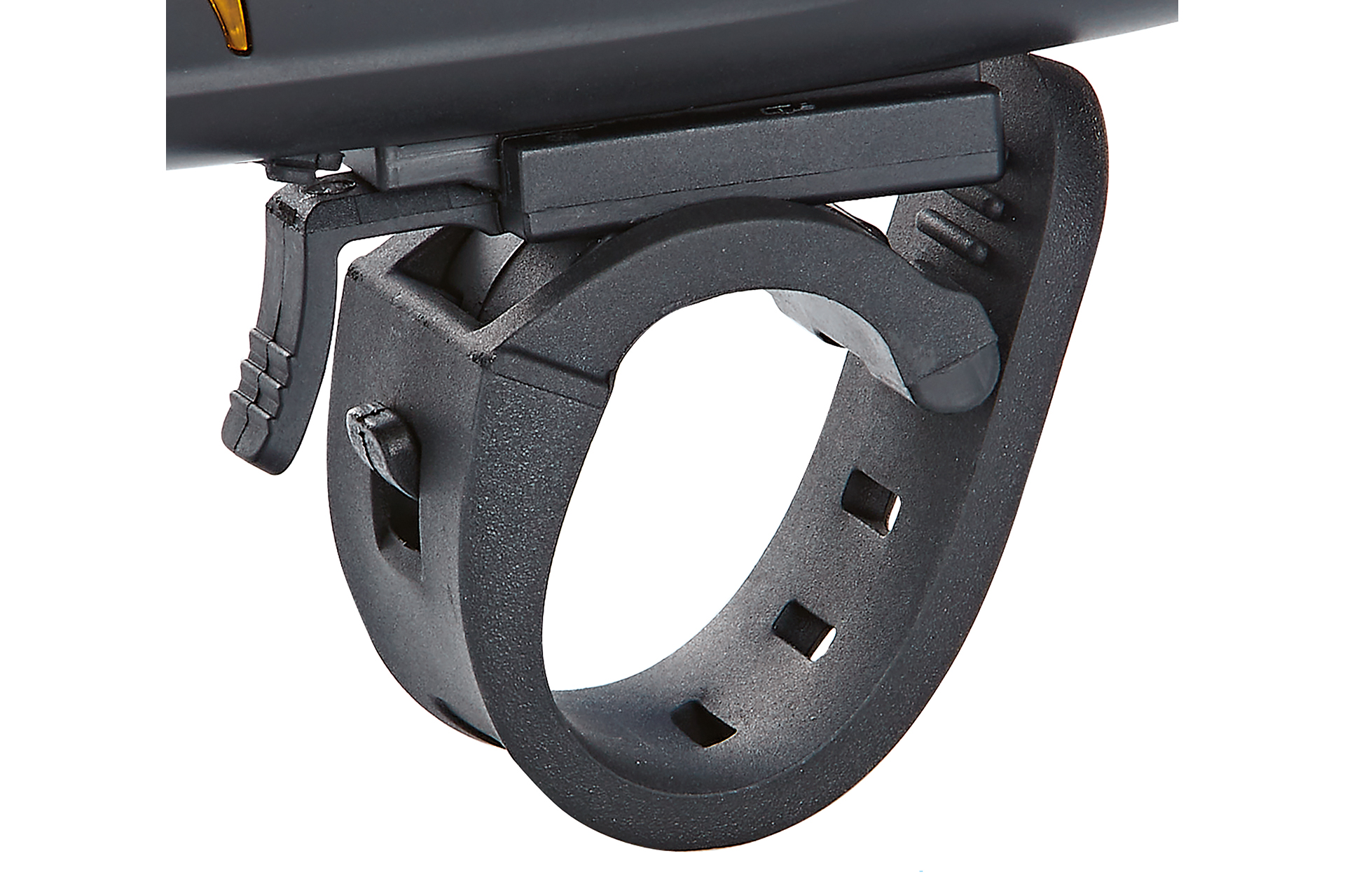 Schwarzes Fahrradlicht mit Gummibefestigung, sichtbar auf weißem Hintergrund.