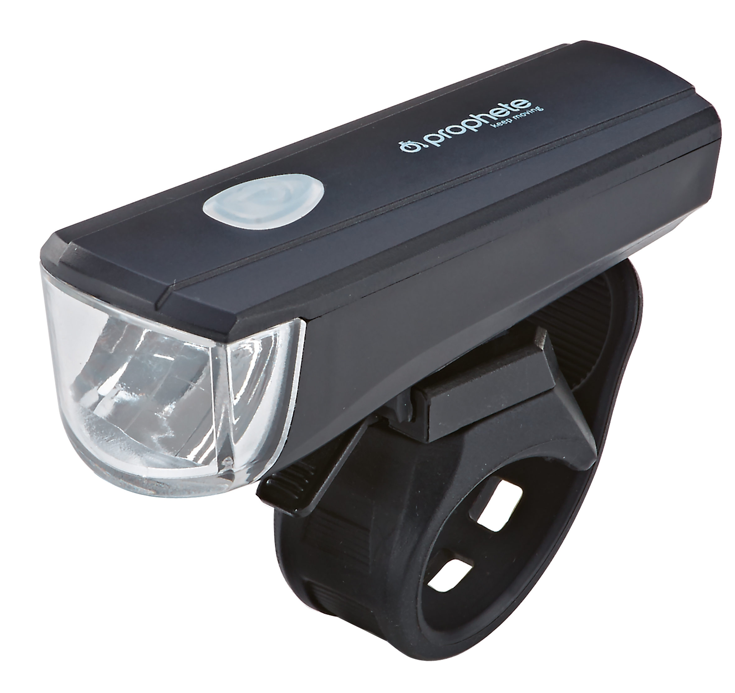 Schwarzes Fahrradlicht montiert. Weißes Licht emittiert, mit schwarzem Gurt zur Befestigung.