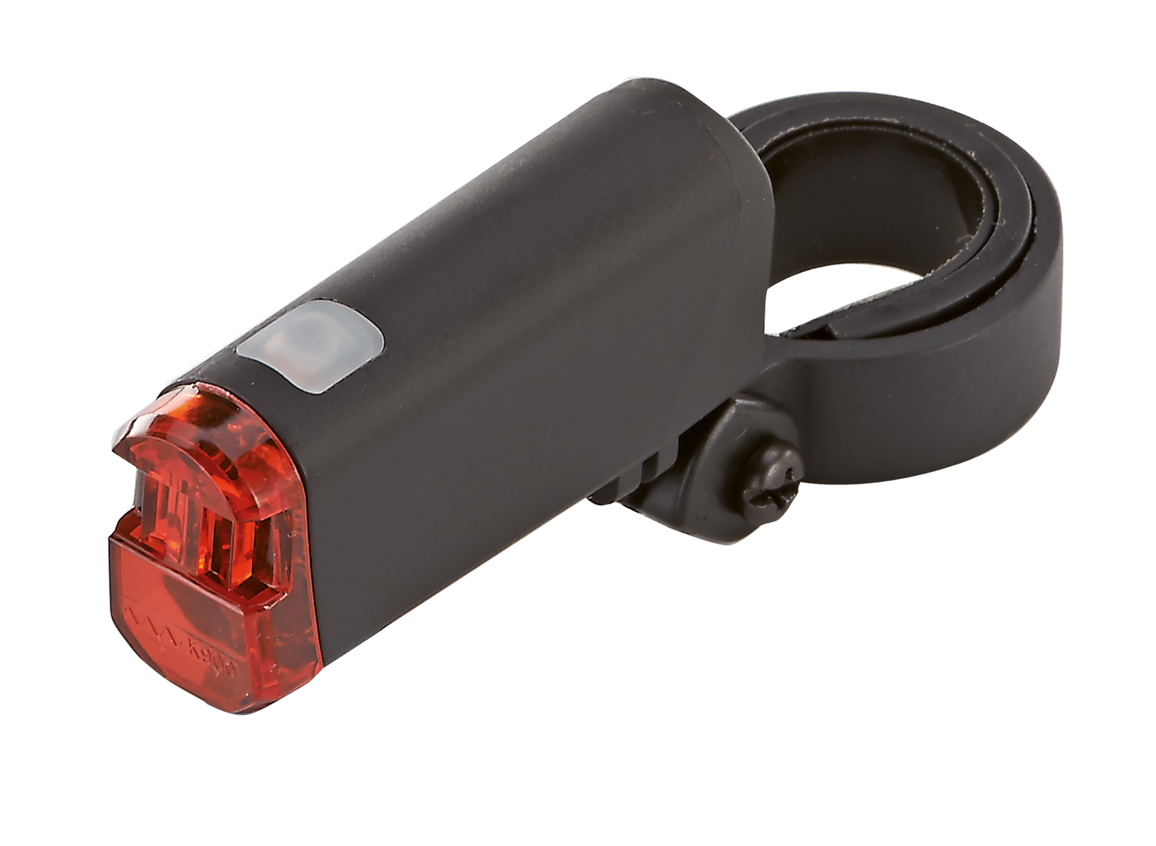 Schwarzes Fahrradrücklicht mit roter Linse und weißem Knopf, montiert an einer schwarzen Halterung.