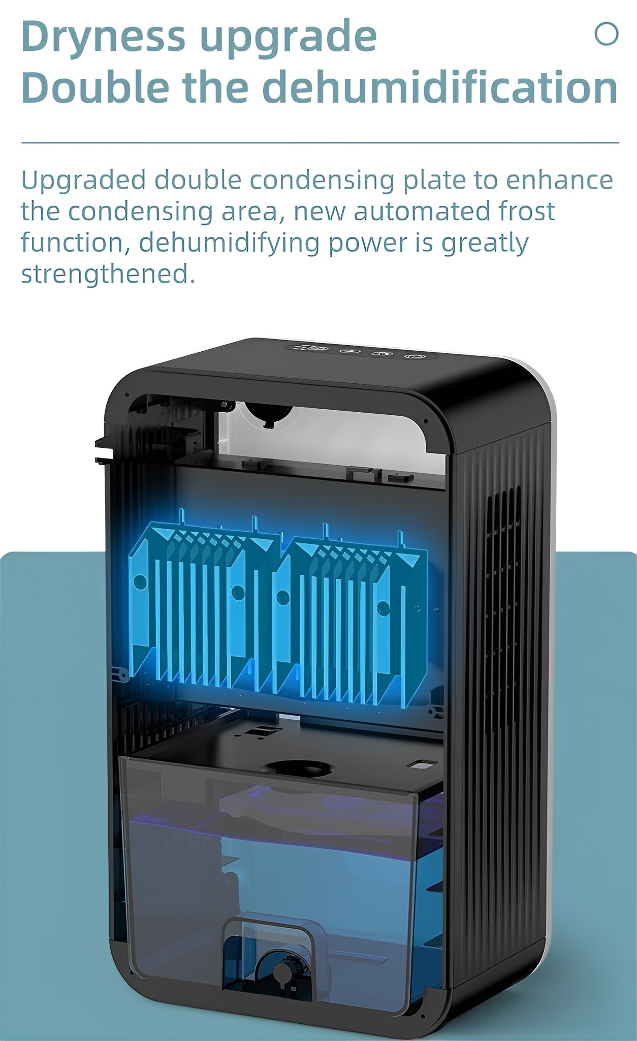 Ein Luftentfeuchter mit offenem Design, der blaue interne Komponenten und einen Wassertank zeigt.