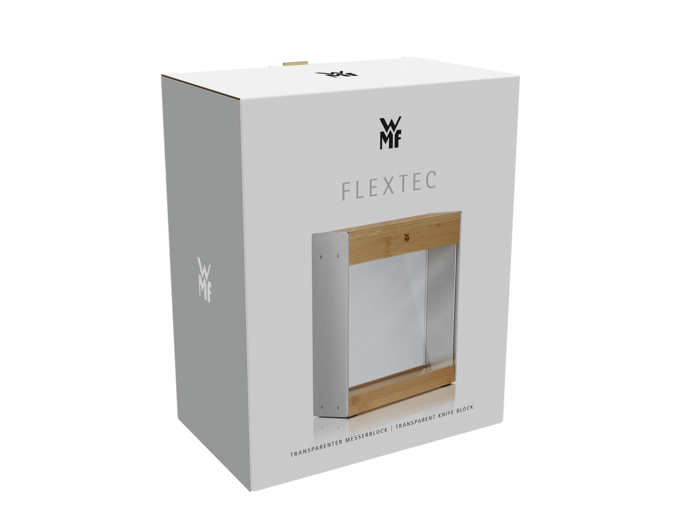 Eine weiße Box mit einem transparenten Fenster, das einen Messerblock zeigt. Die Box hat das WMF-Logo und Text.