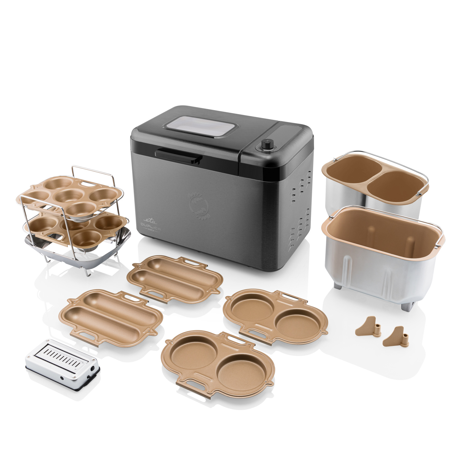 Schwarzer Brotbackautomat mit Zubehör. Enthält Backformen, eiförmige Formen und Messbecher.
