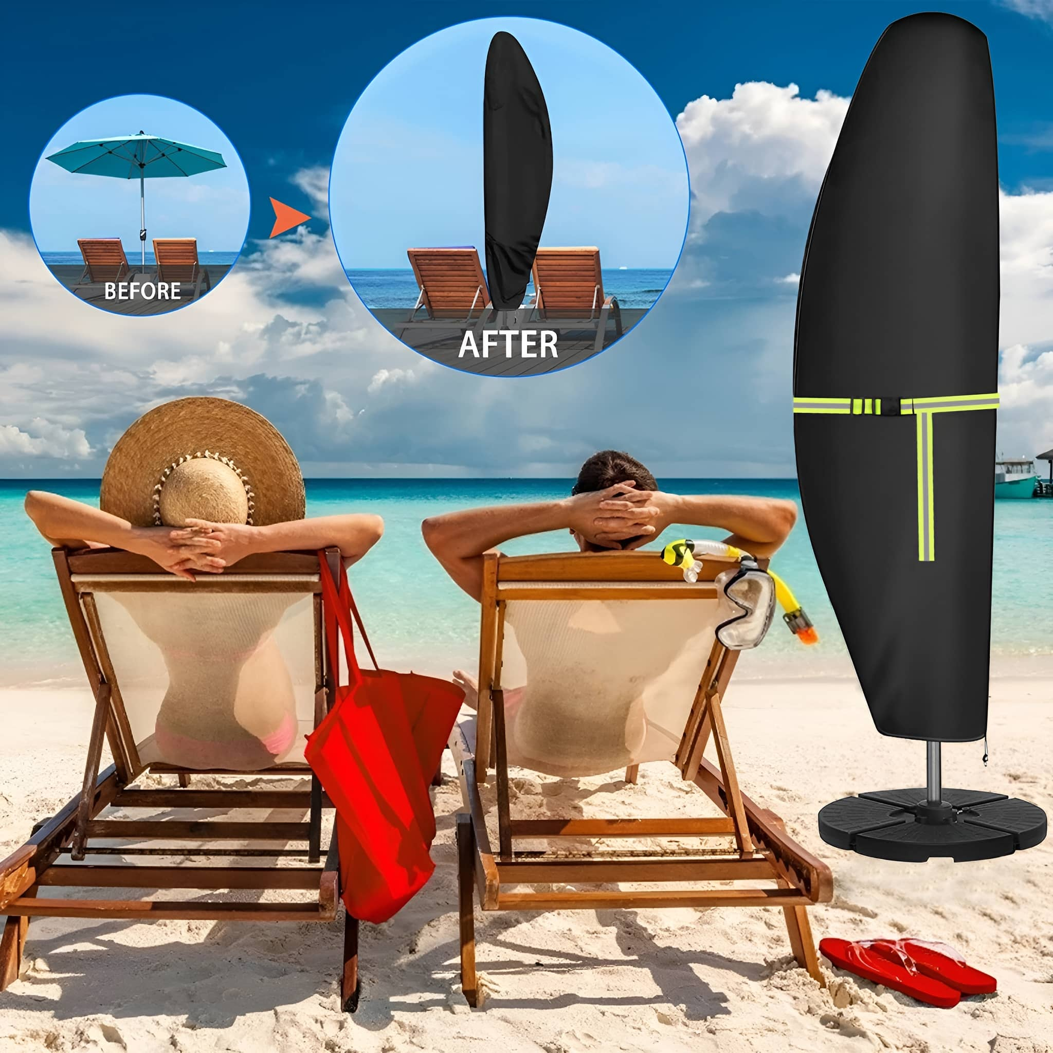 Strandszene: zwei Personen in Stühlen, Vorher-Nachher-Schirmabdeckung. Strand, Meer und Himmel.