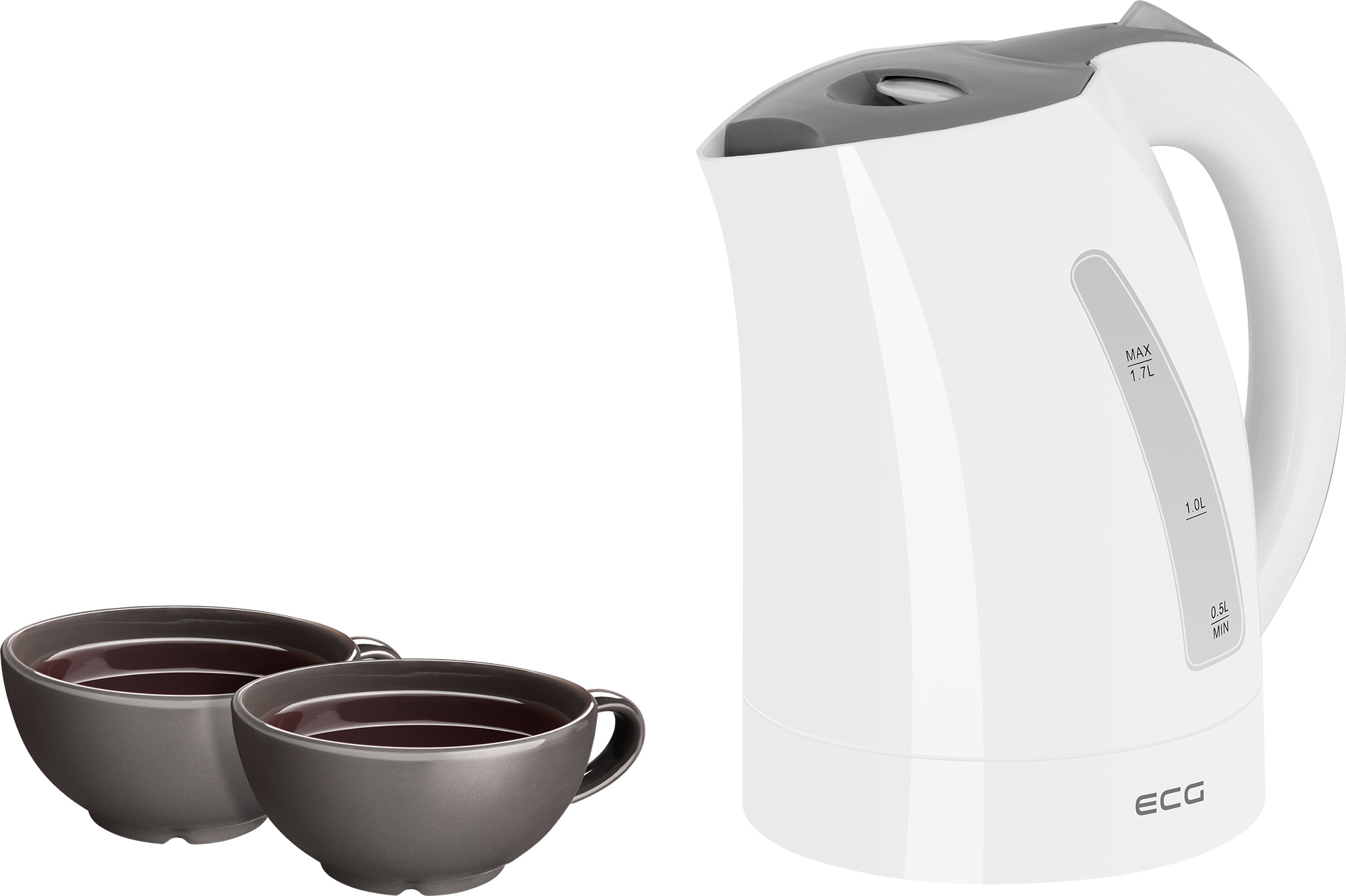 Ein weißer Wasserkocher und zwei Tassen Tee auf Weiß.