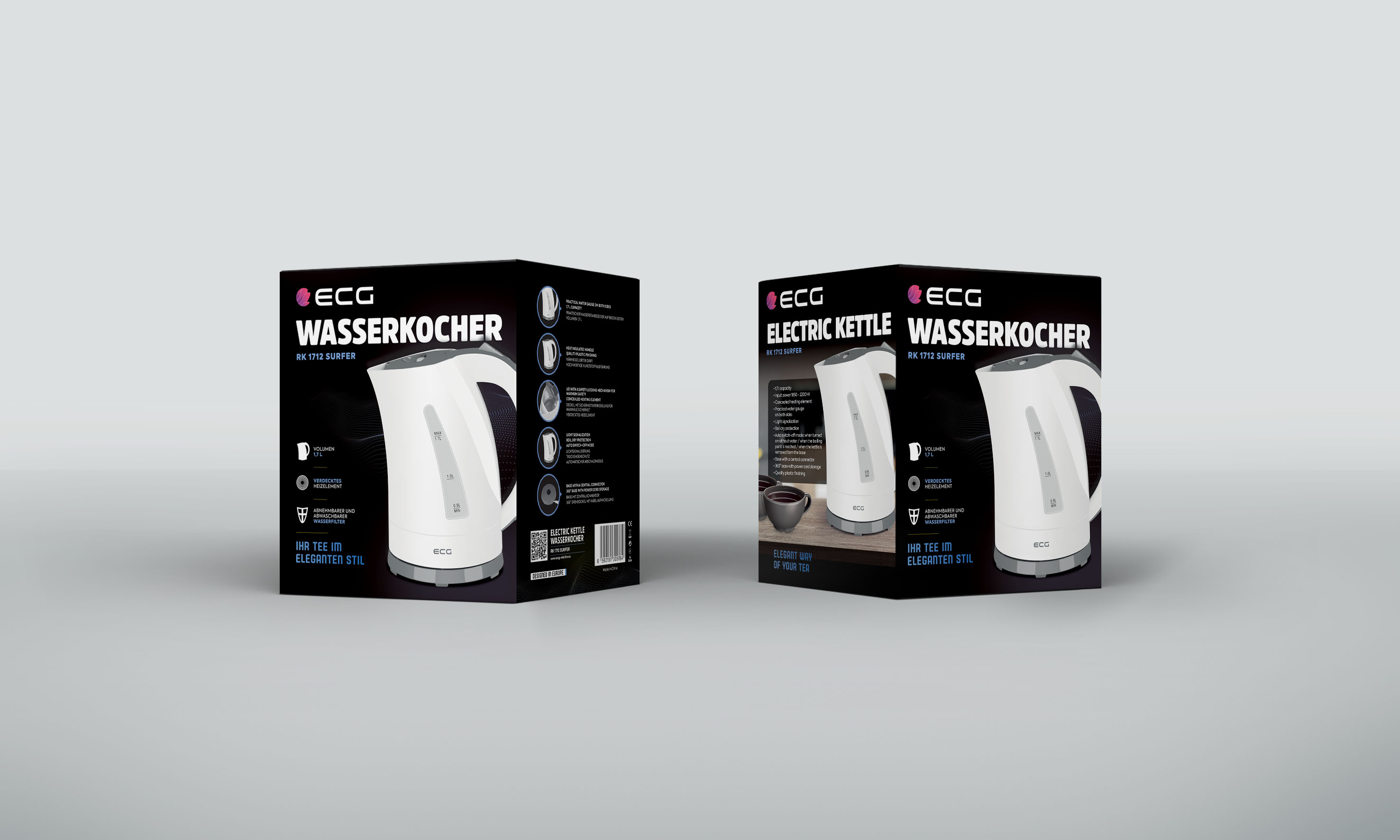 Zwei Kartons eines elektrischen Wasserkochers werden nebeneinander gezeigt. Die Kartons sind weiß und schwarz mit Produktbildern.