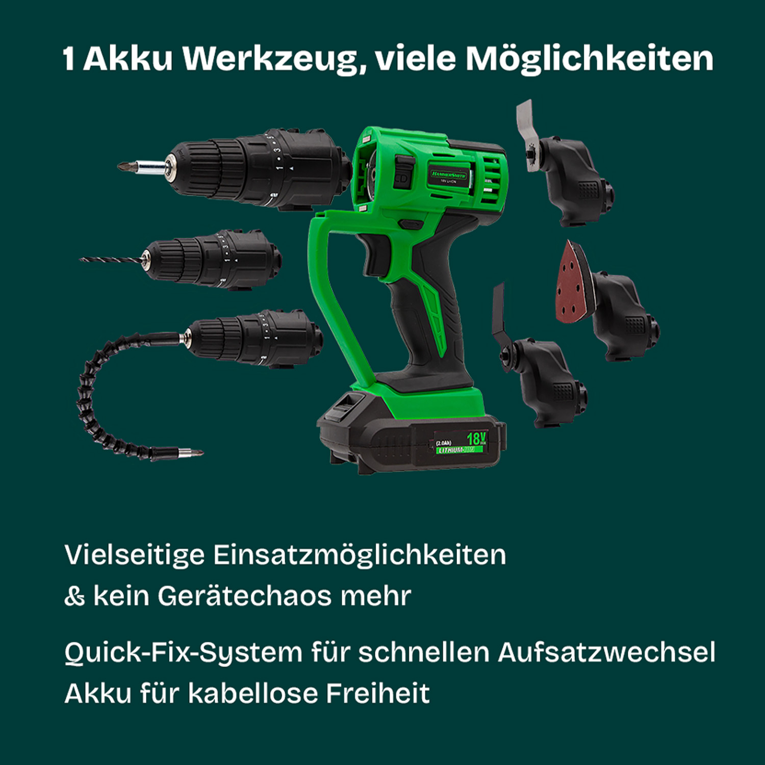 Grüner Bohrer mit verschiedenen Aufsätzen und Text.