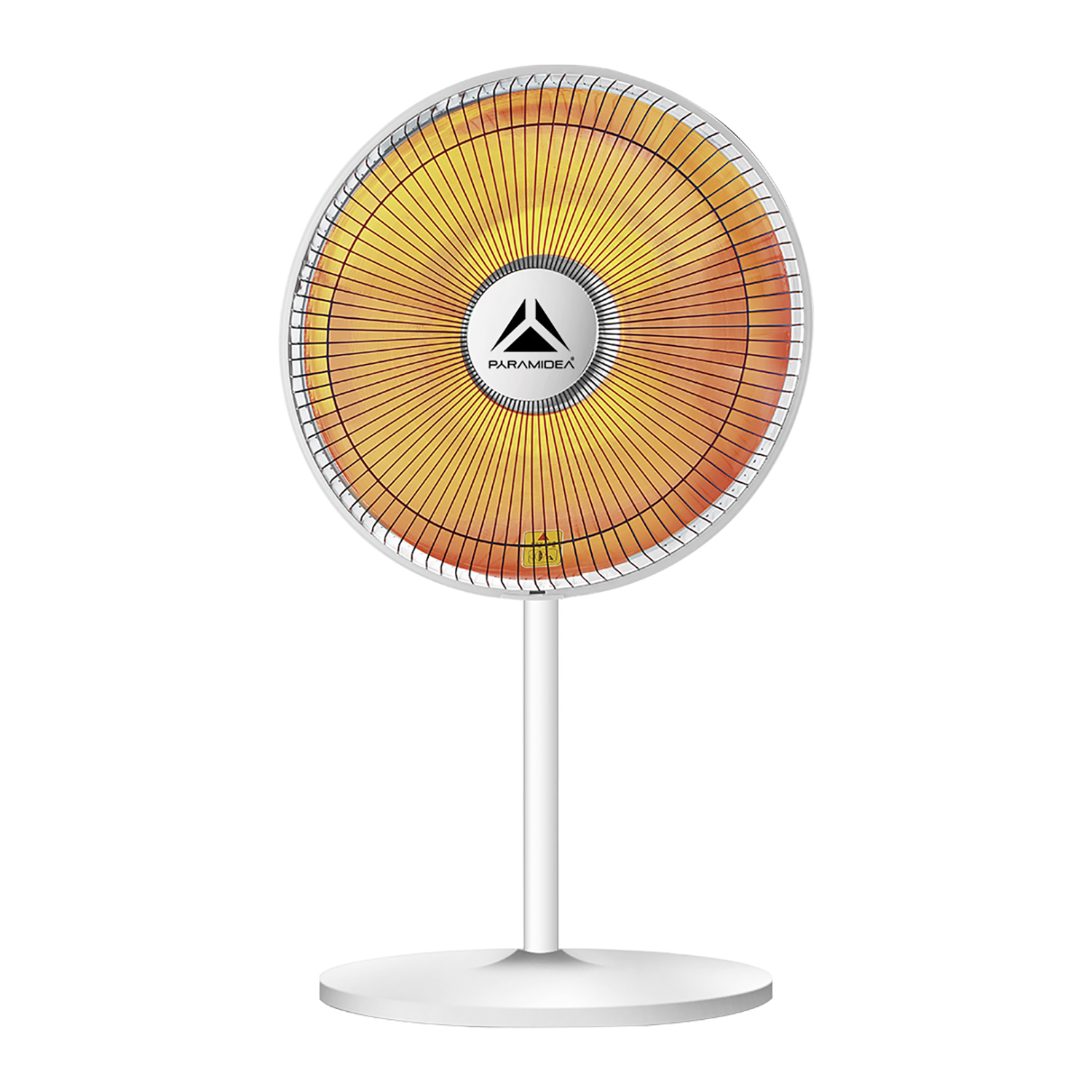 Un riscaldatore elettrico bianco e rotondo con un elemento riscaldante circolare e un supporto. Il riscaldatore è acceso.