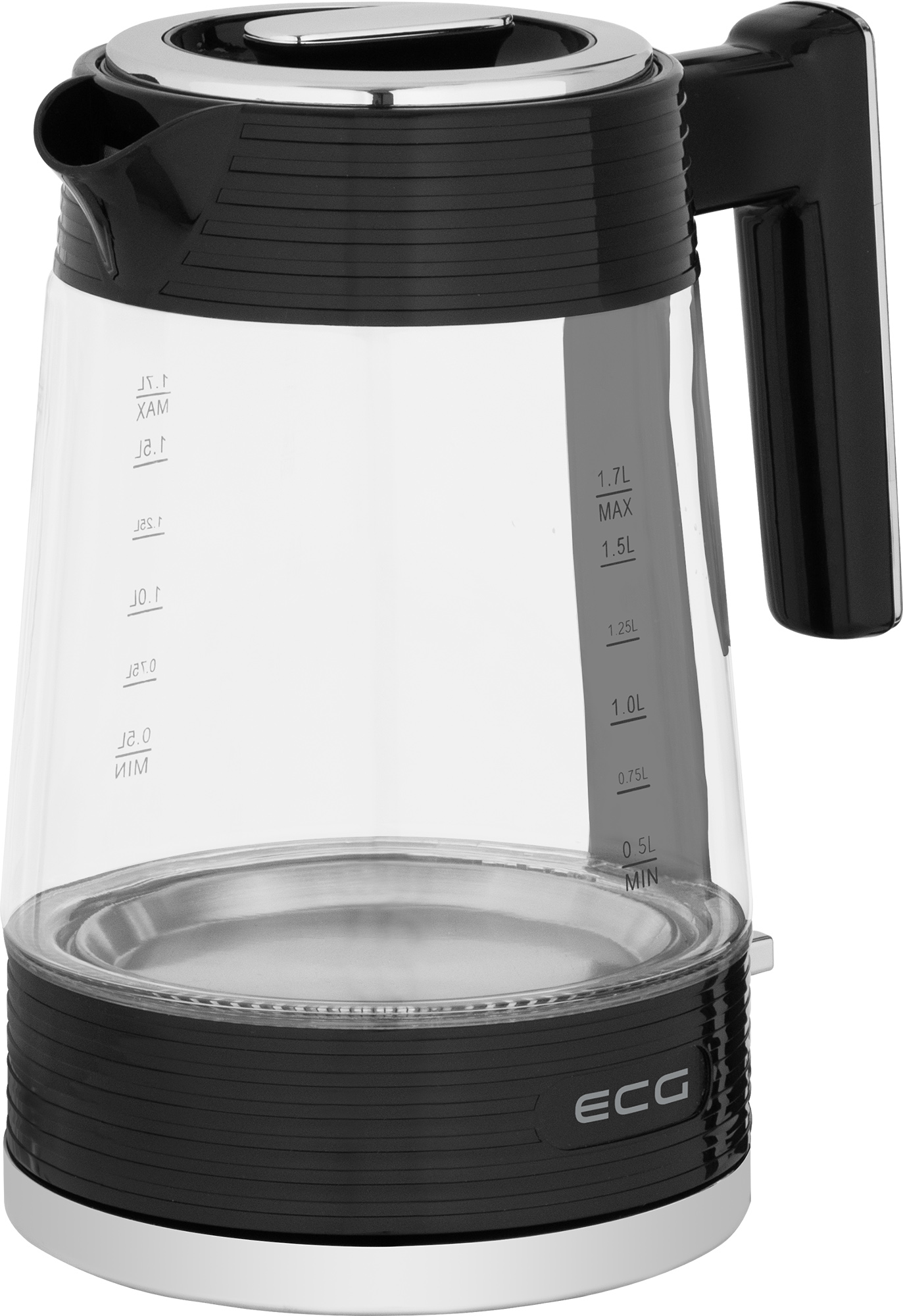 Przezroczysty szklany czajnik elektryczny z czarnymi akcentami. Białe tło.