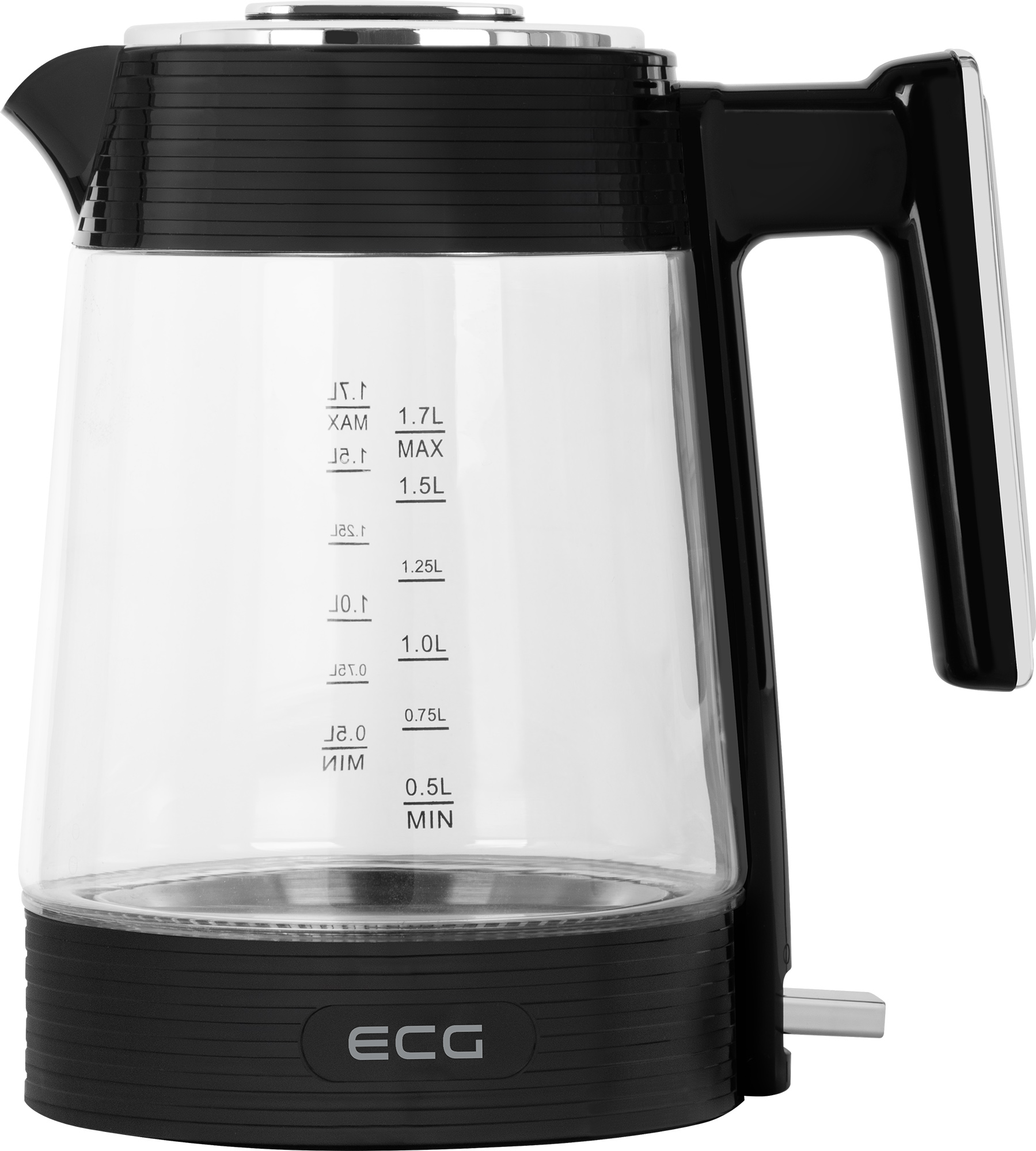 Czarny i przezroczysty szklany czajnik elektryczny ze wskaźnikami poziomu wody i czarnym uchwytem.