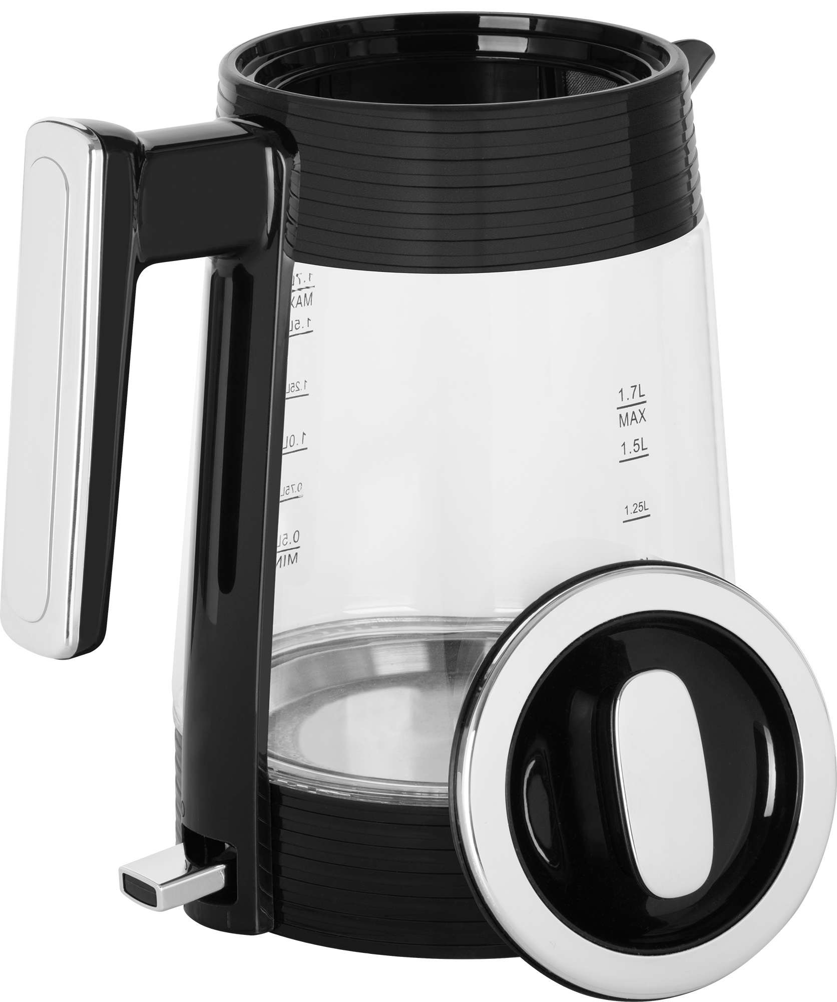 Czarny i przezroczysty szklany czajnik elektryczny, z otwartą pokrywą, czarnym uchwytem.