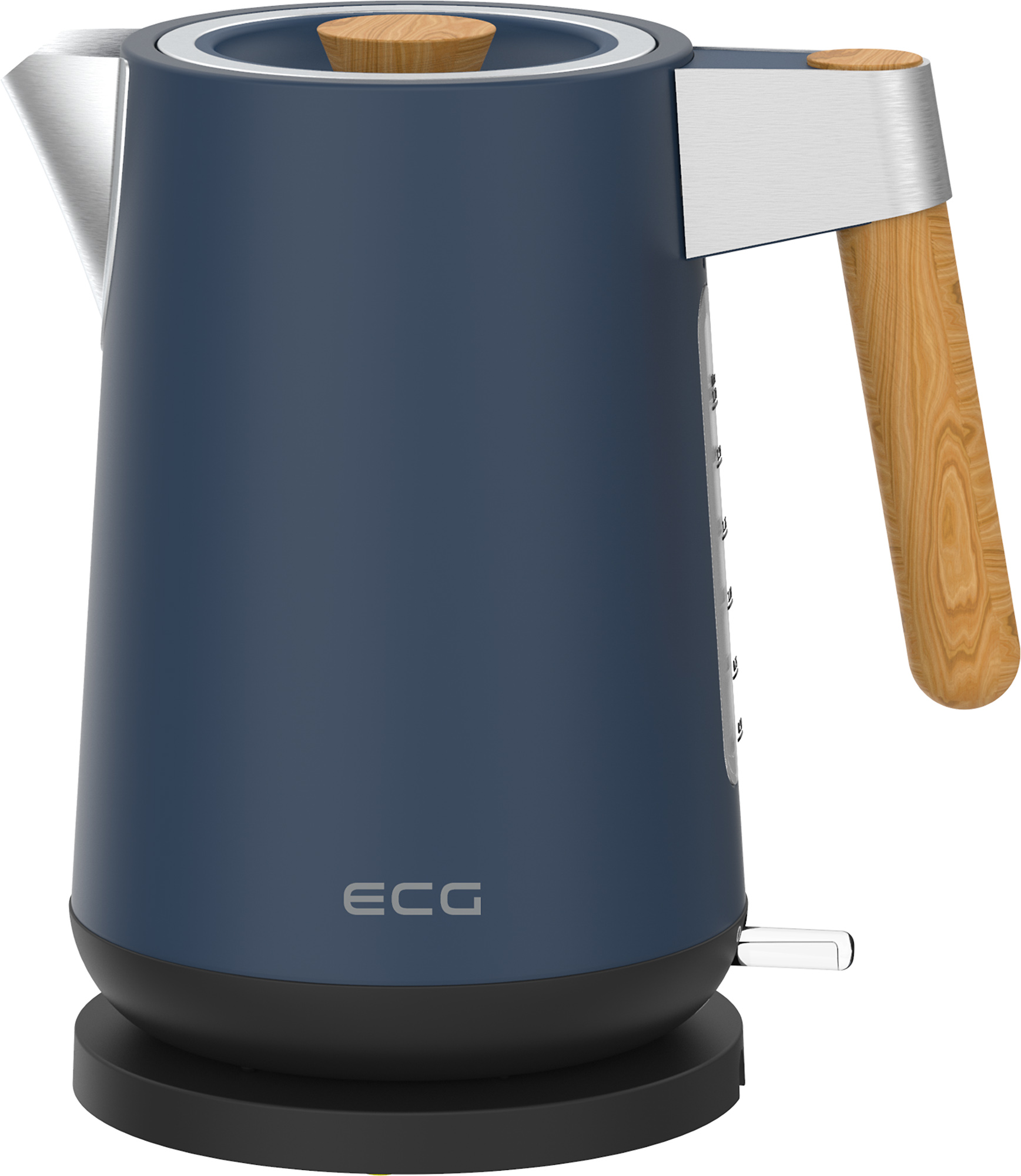 Blauer elektrischer Wasserkocher mit Holzgriff und -deckel. Silberner Ausguss und Fuß.