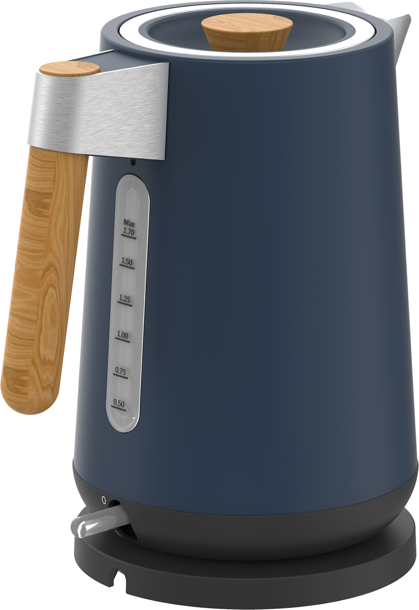 Blauer Wasserkocher mit Holzgriff und Deckel, auf schwarzem Sockel, mit Wasserstandsanzeige.