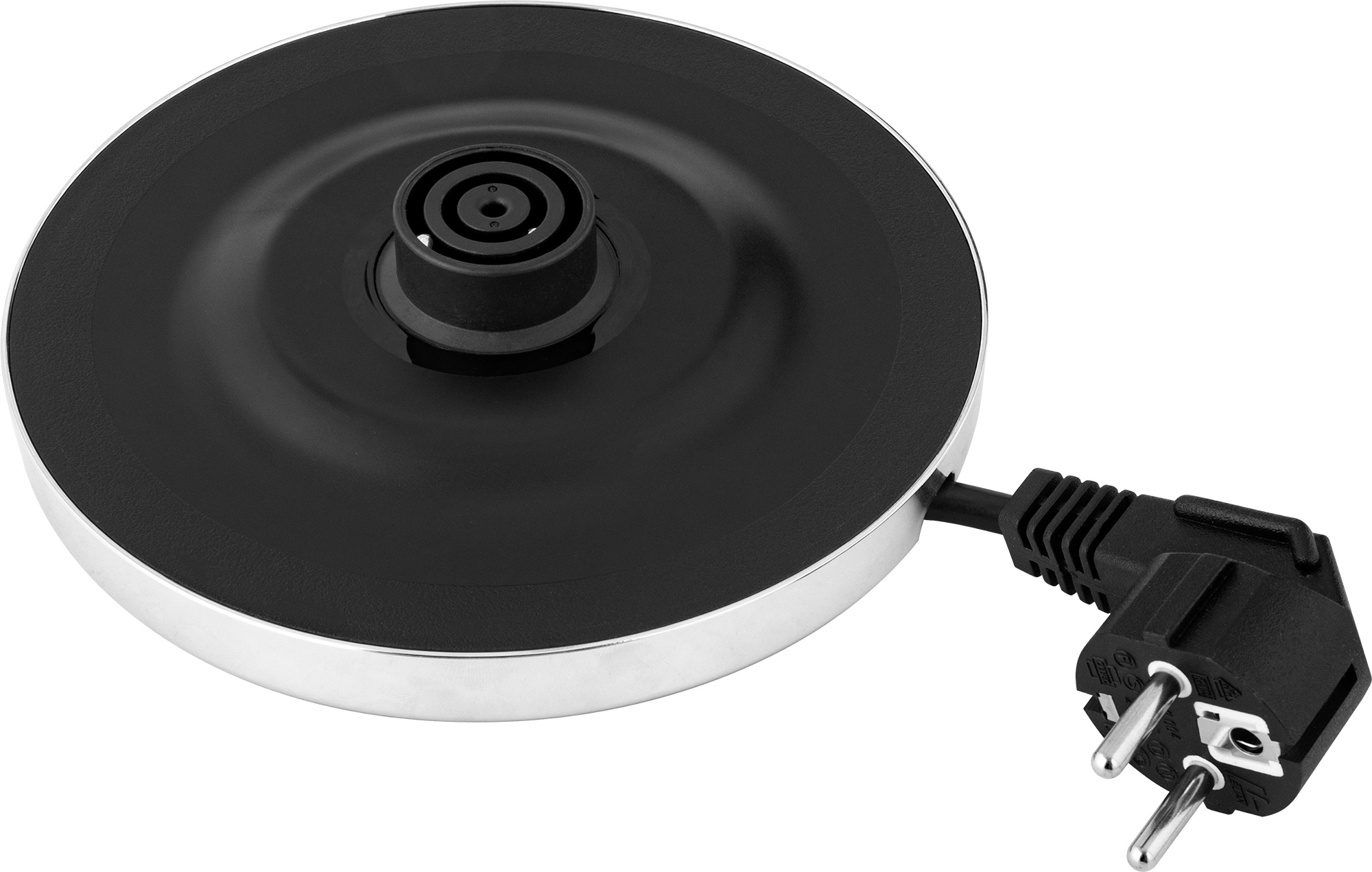 Czarna podstawa czajnika z wtyczką i złączem zasilania.