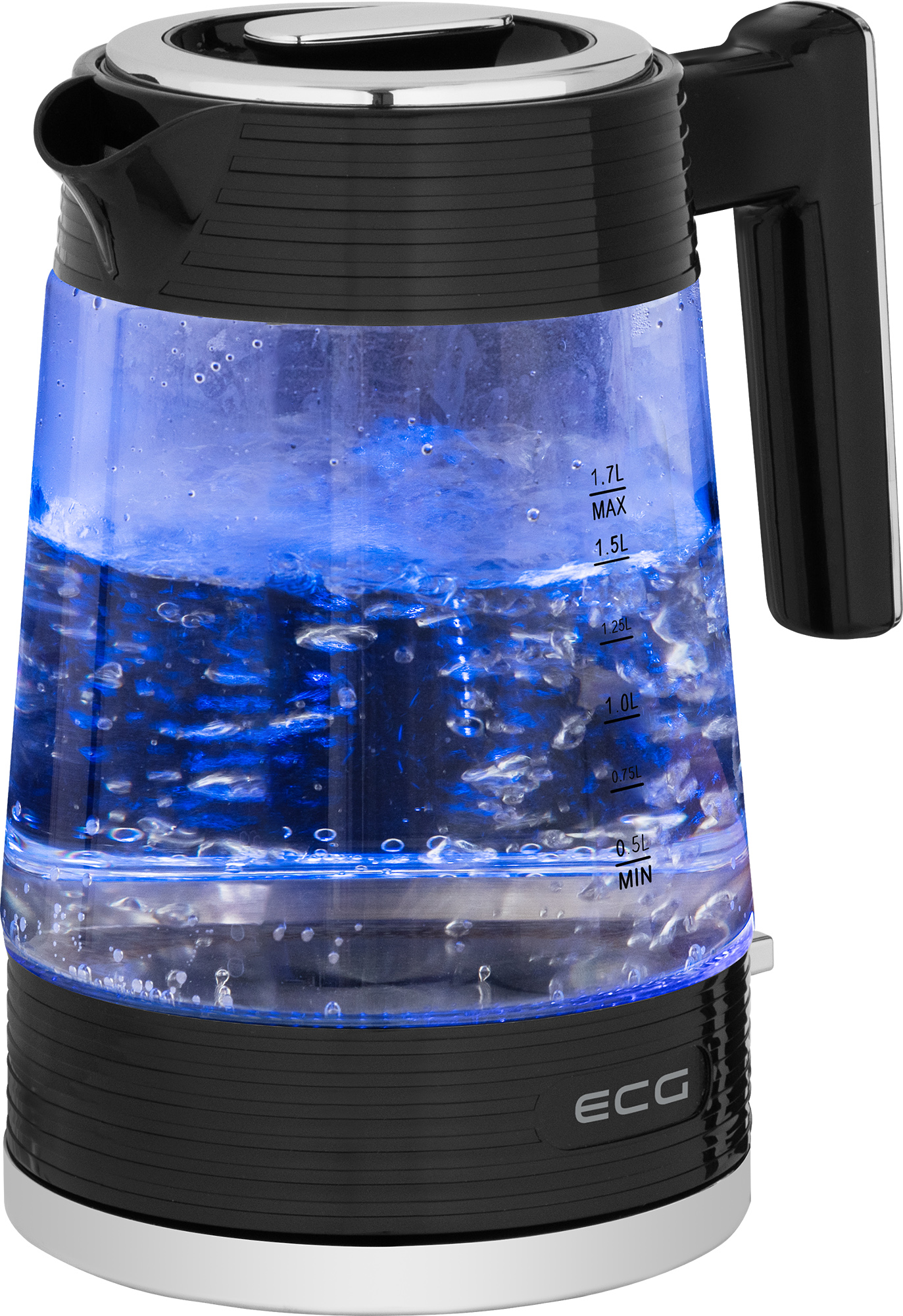 Ein schwarzer und klarer elektrischer Wasserkocher mit blauem Licht, Wasser und Messungen.