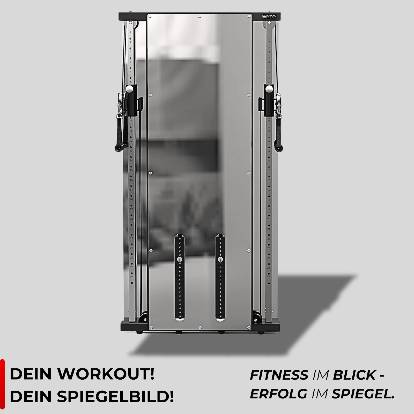 Fitnessgerät mit Spiegel. Grauer Hintergrund. Text: Dein Workout! Dein Spiegelbild!