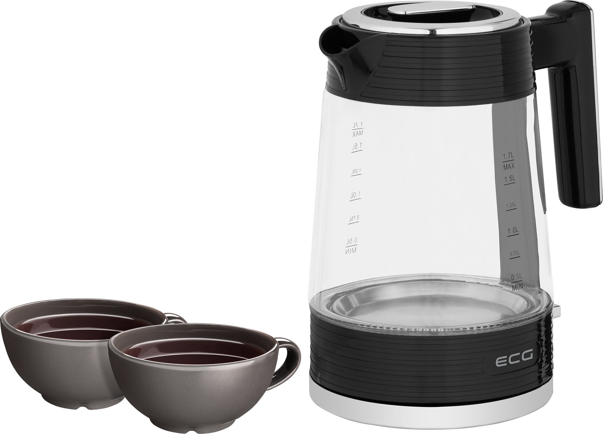 Szklany czajnik z czarnymi akcentami, dwie szare filiżanki i białe tło.