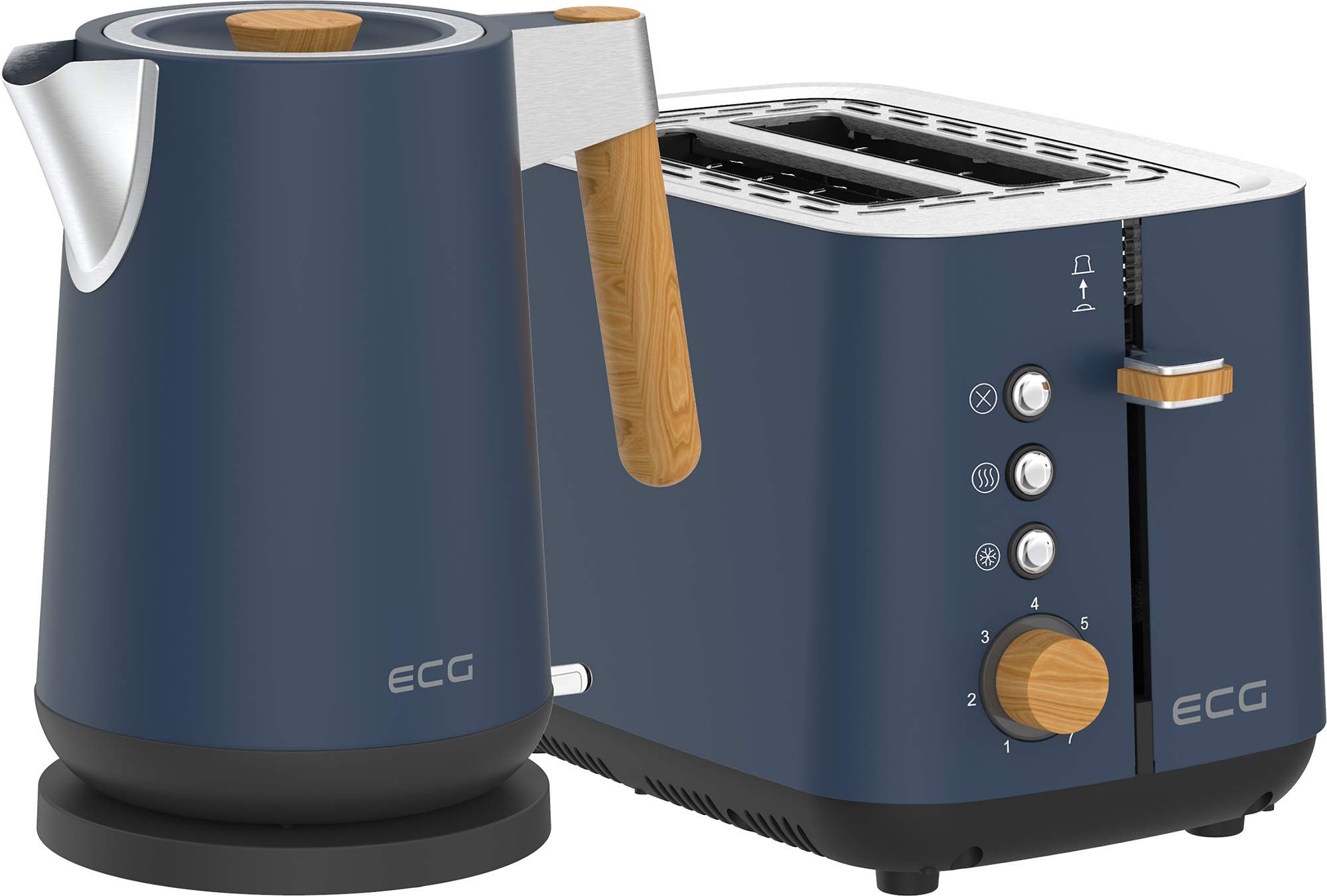 Blauer Wasserkocher und Toaster. Sie haben Holzgriffe.