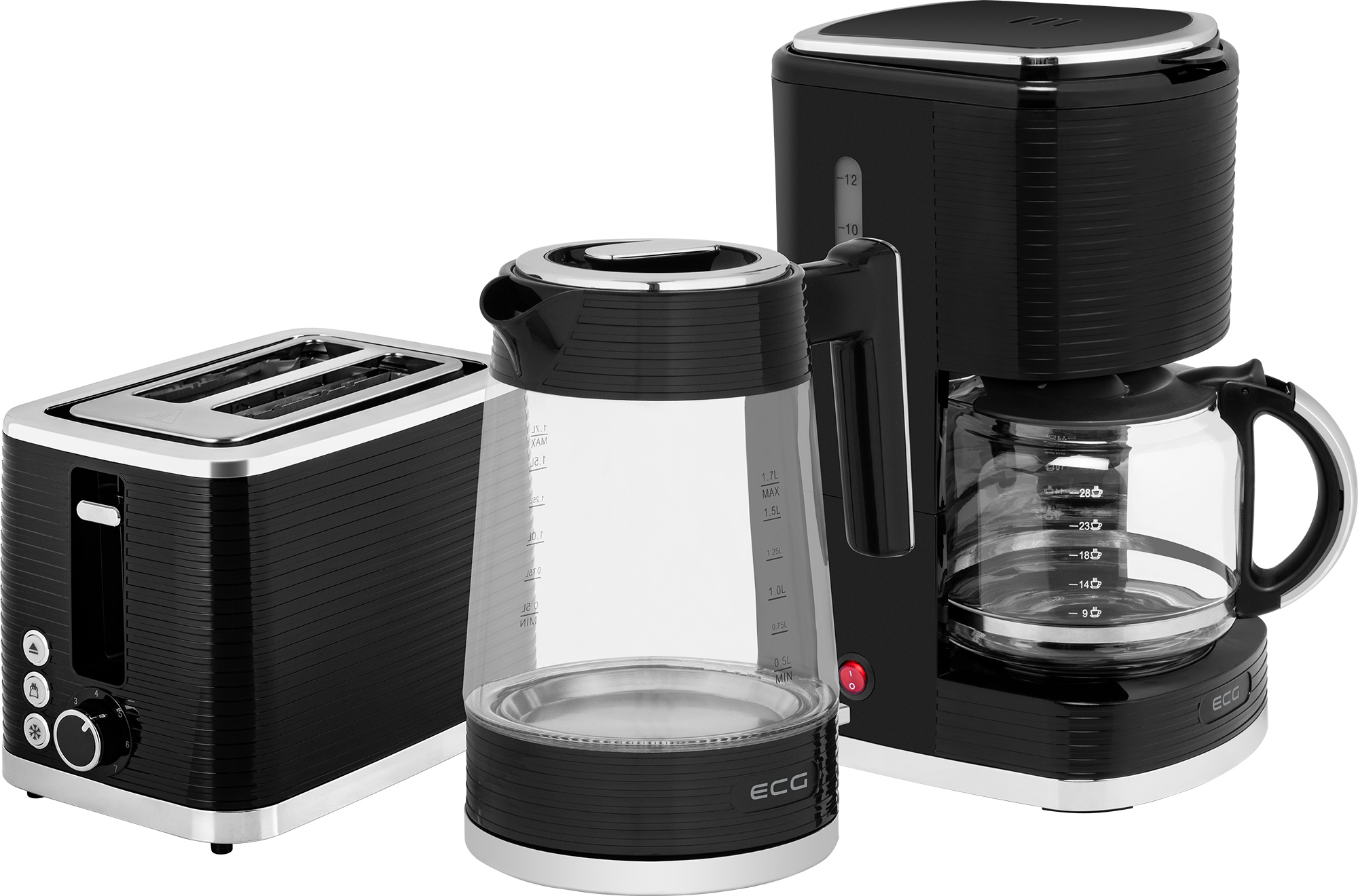Czarny toster, czajnik elektryczny i ekspres do kawy na białym tle.