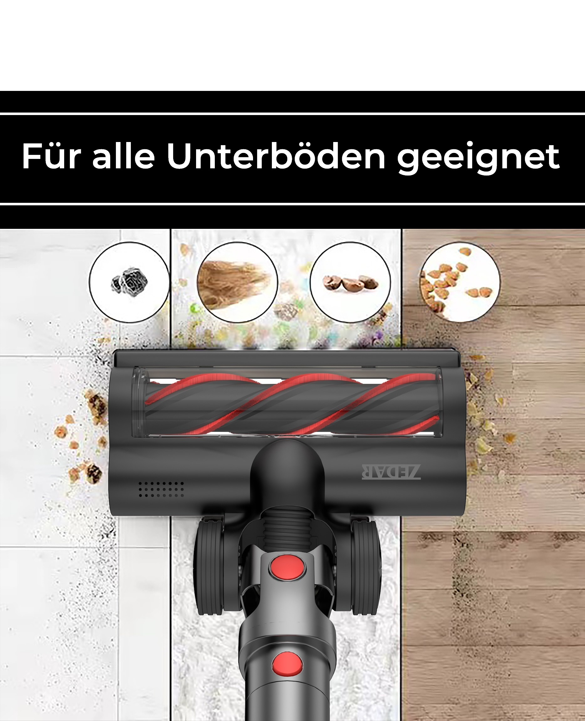 Ein Staubsaugerkopf reinigt verschiedene Bodenarten: Teppich, Fliesen und Holz. Auf jeder Oberfläche sind Rückstände sichtbar.