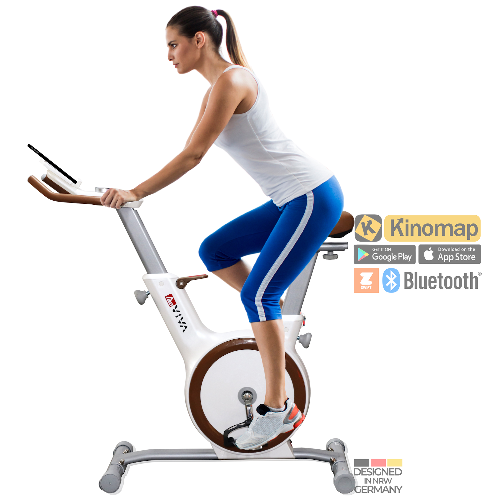Frau auf Hometrainer, mit Logos für Kinomap, Zwift und Bluetooth.