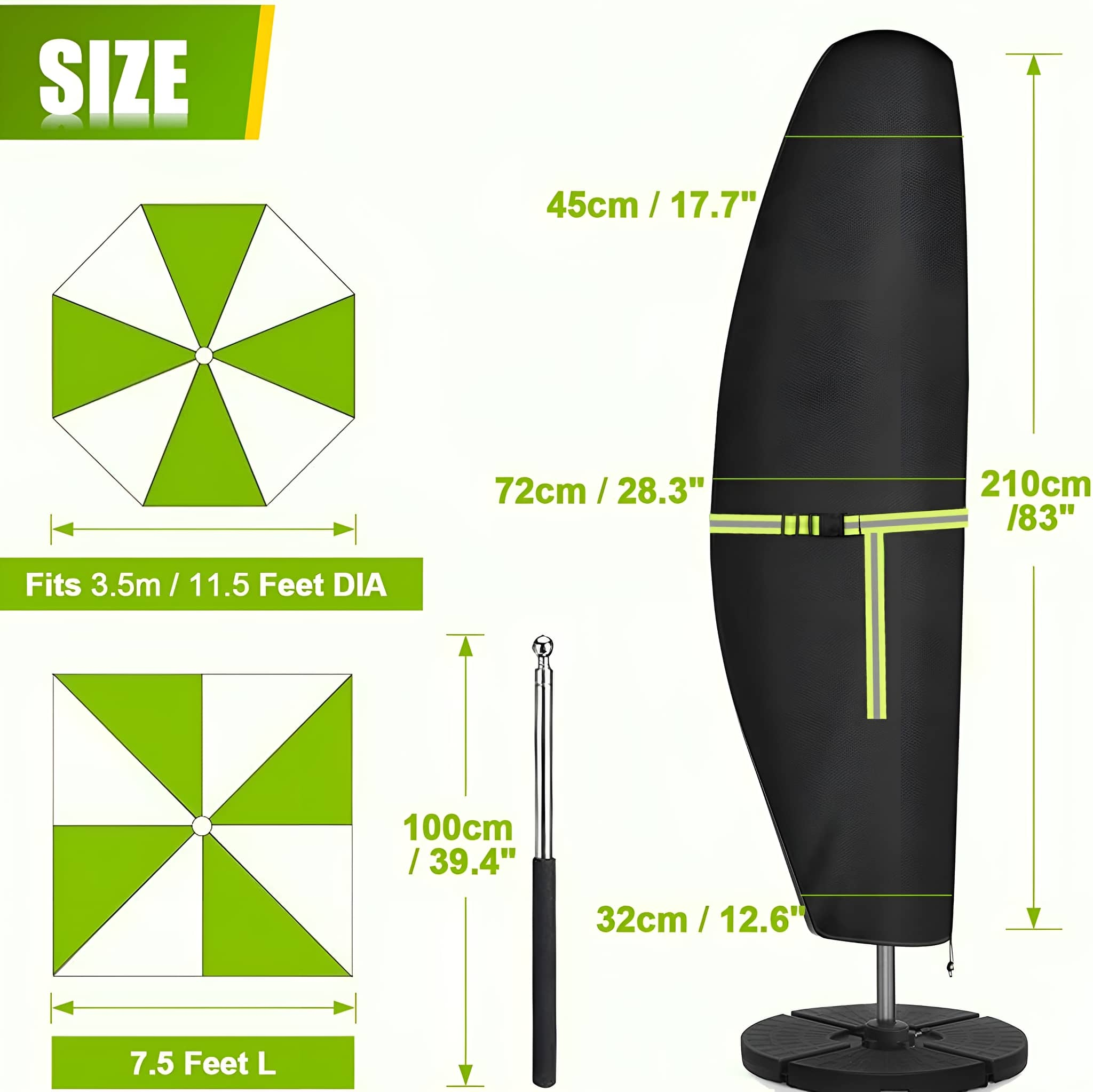 Schirmhülle mit Maßen: 210 cm/83" hoch, 72 cm/28,3" breit. Weißer Hintergrund.