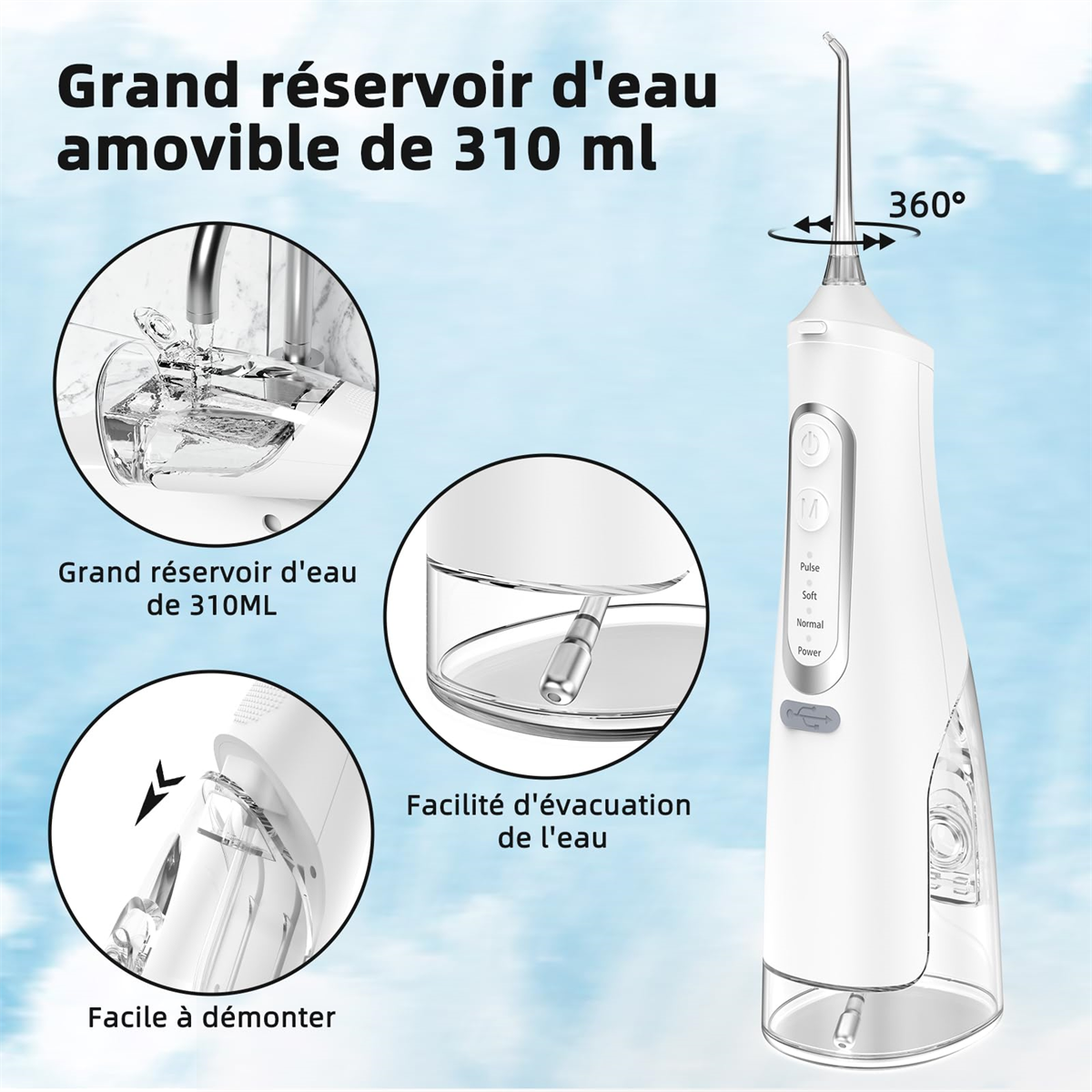 Ein weißer Wasserflosser mit Diagrammen seiner Komponenten. Der Flosser hat verschiedene Einstellungen.