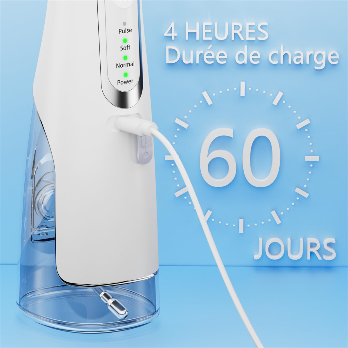 Weißer Munddusche mit Ladekabel und Digitalanzeige zur Ladezeit.