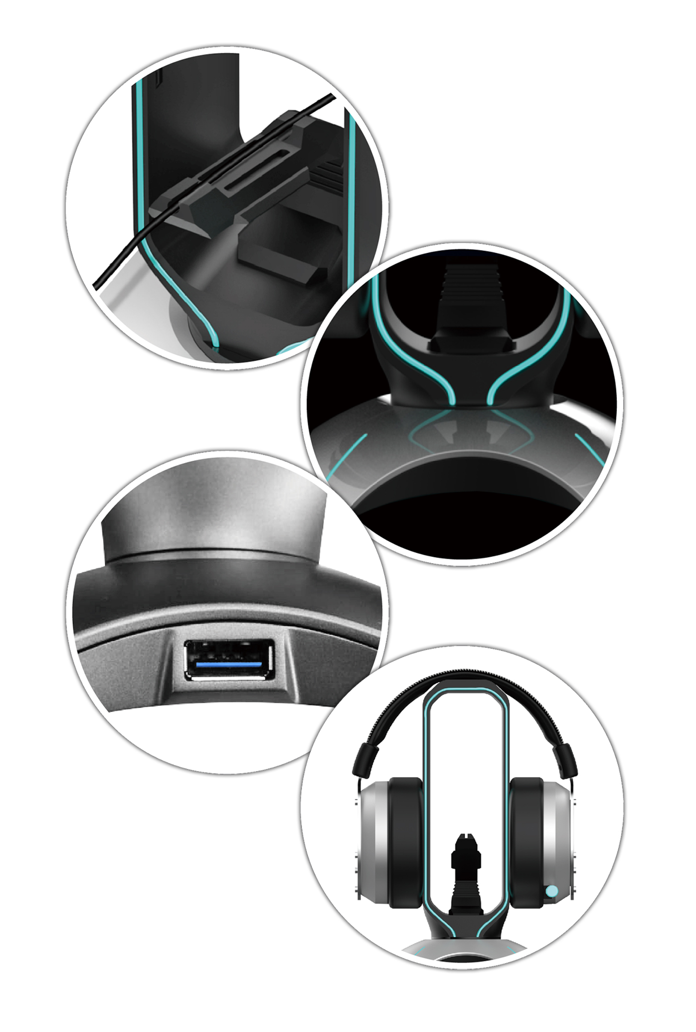 Ein Headset-Ständer mit detaillierten Ansichten seiner Teile und einem USB-Anschluss.