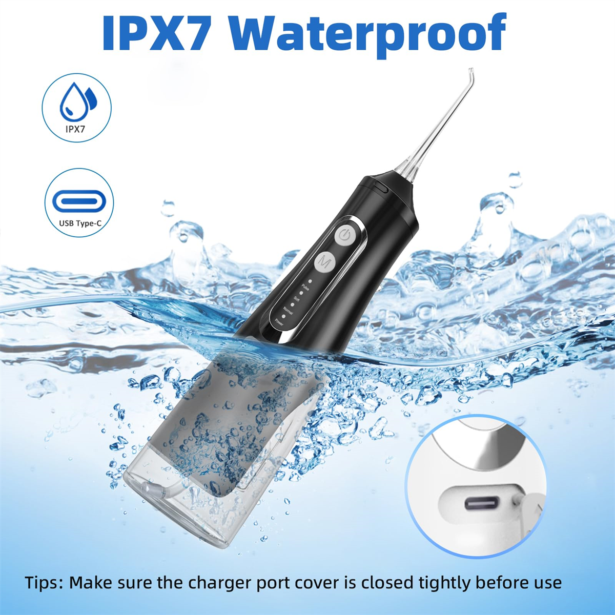 Ein schwarzer elektrischer Flosser mit transparentem Wassertank.